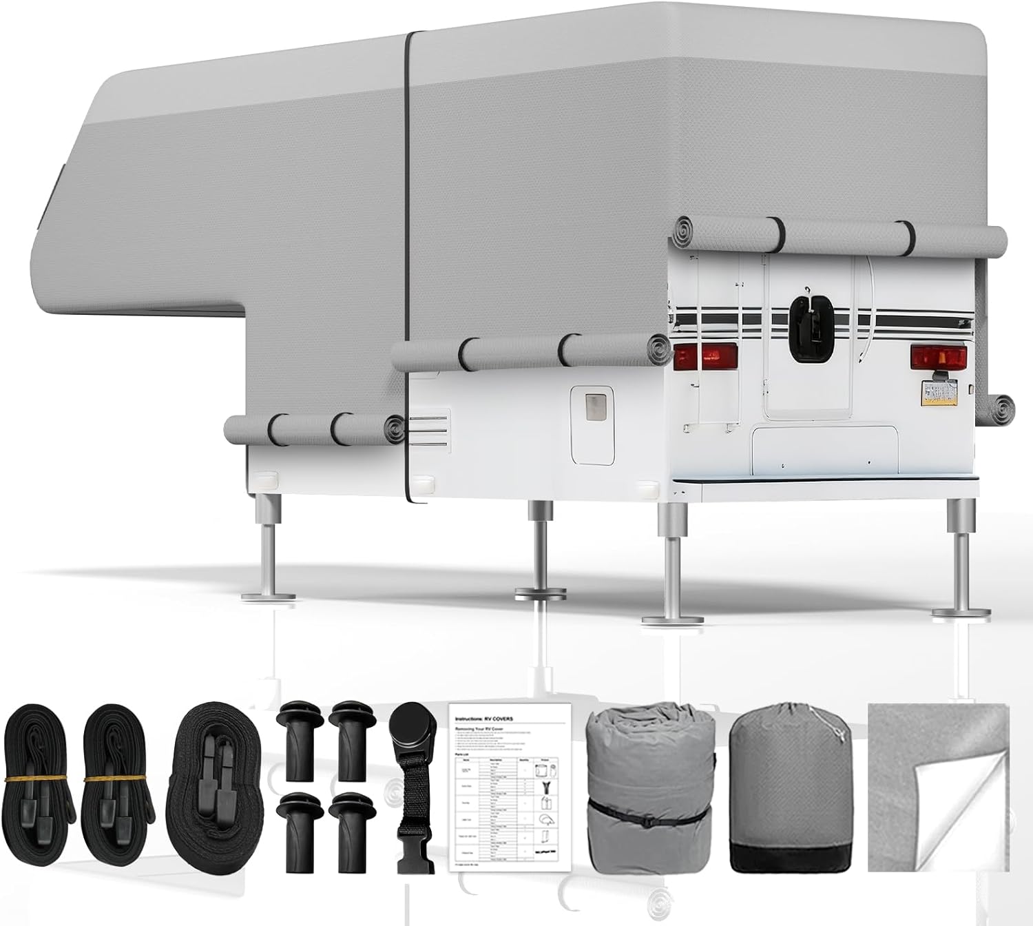 Umbrauto Truck Camper Cover Fits 6-8ft: Slide-in Pickup Truck Trailers RV Cover, Waterproof Cabover Camper Cover, Windproof Straps, Adhesive Patch for All Seasons