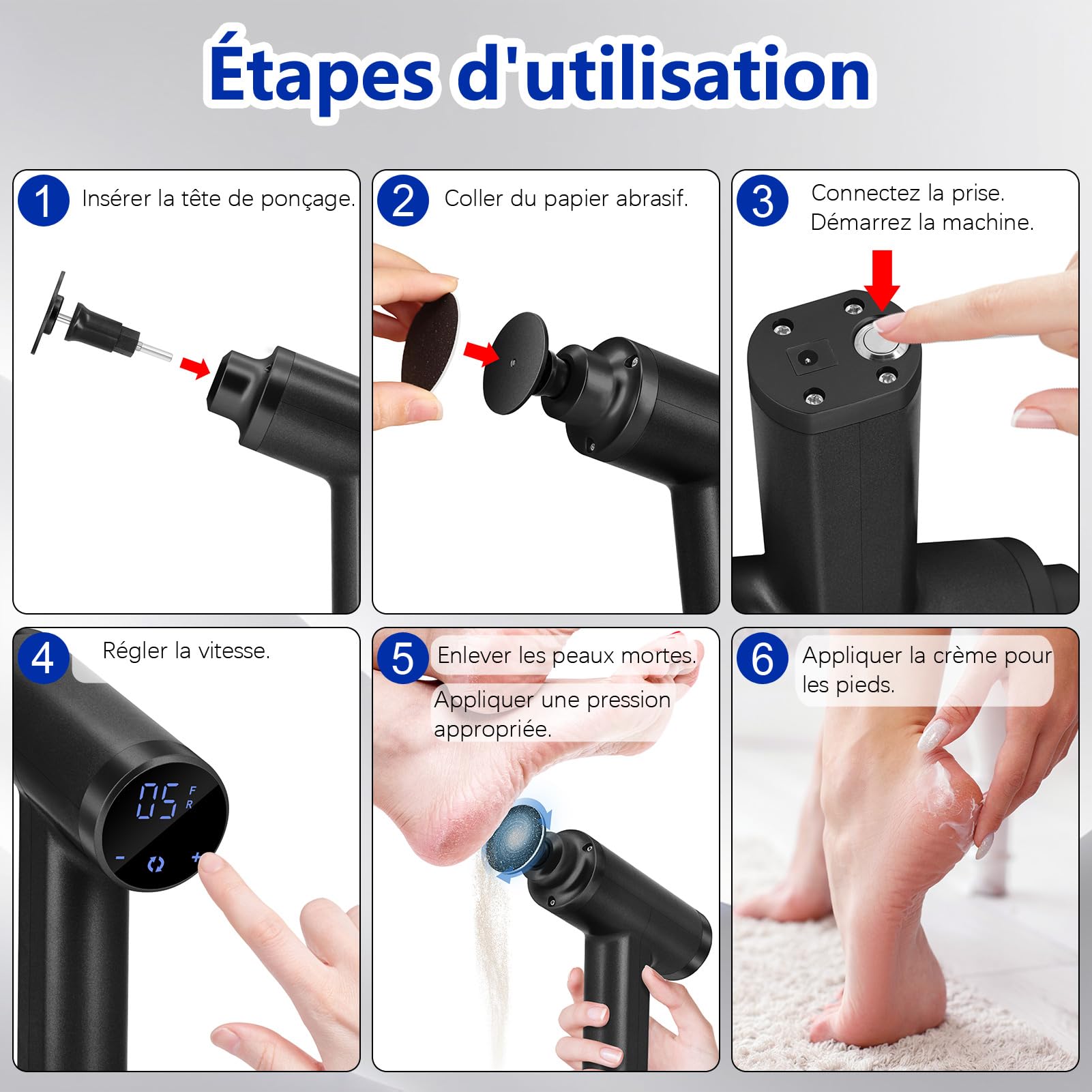 Rapadora eléctrica potente 4500 RPM, velocidad ajustable, lijadora de pie profesional, escotilla de pies, pedicura eléctrica, lima eléctrica, anticallos, color negro