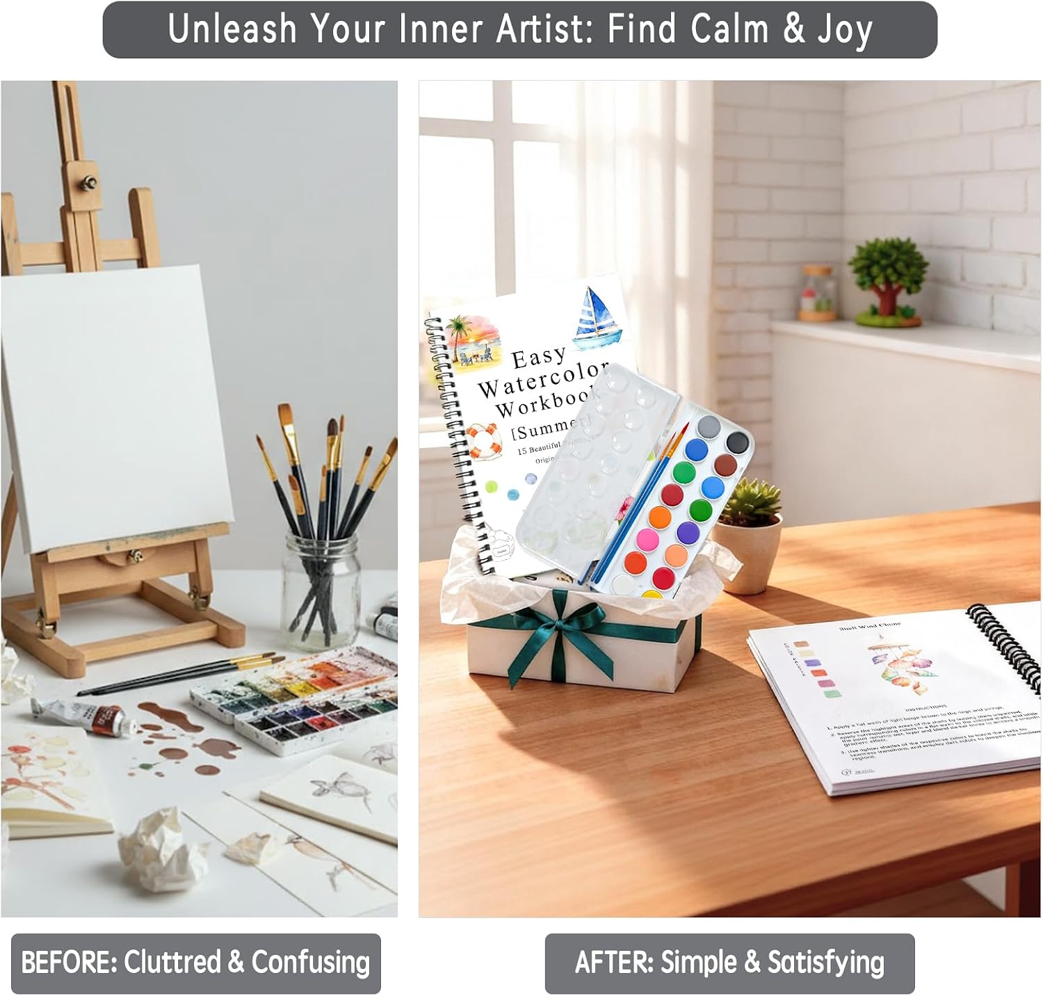 SLWBZ All-in-One Watercolor Workbook Kit - Beginner Friendly Art Set with 16 Colors, 2 Brushes & 15 Pre-Sketched Thick Watercolor Paper Pages - Creative Exploration & Stress Relief Gift (Summer)