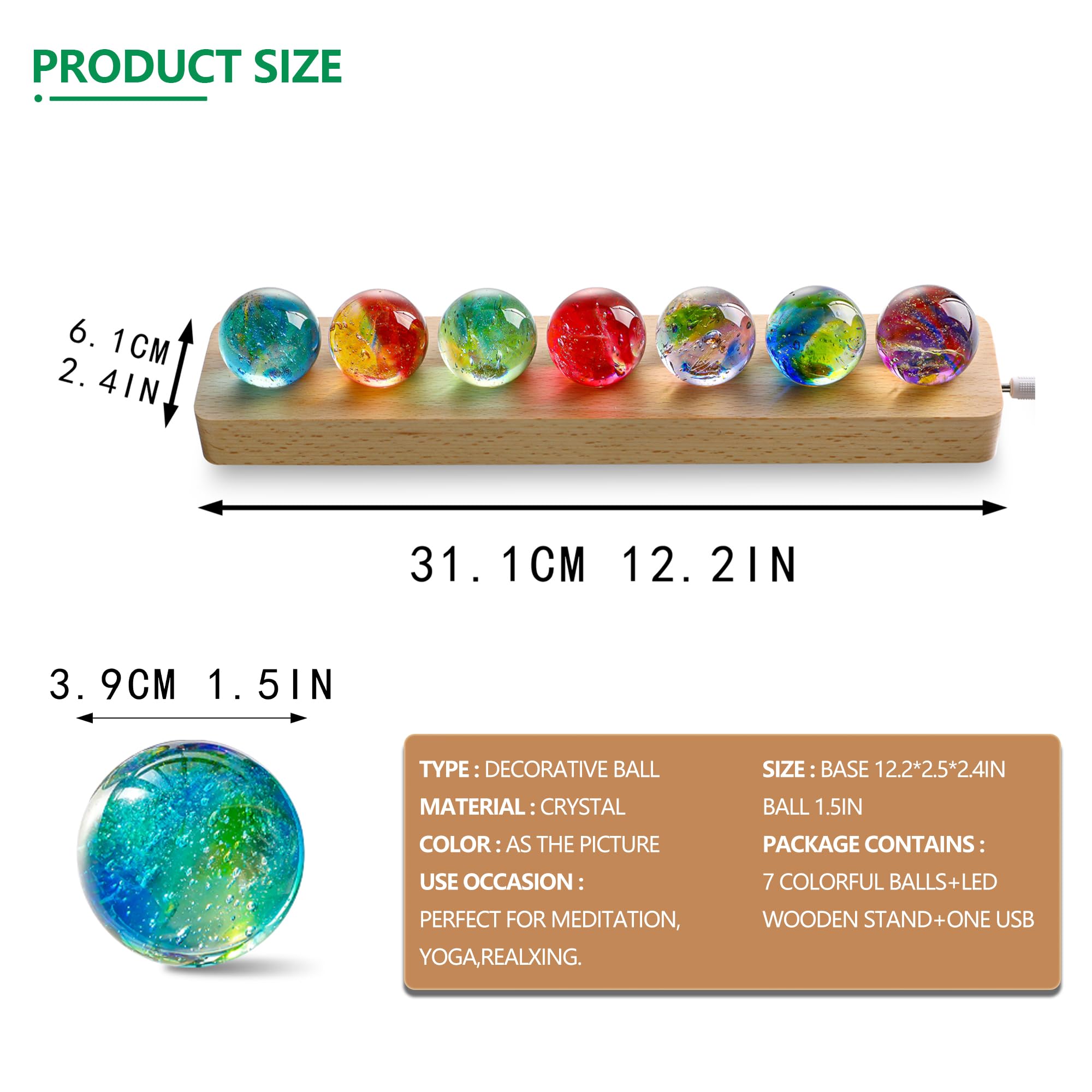 kanpura 7 Chakra Crystals Spheres Sets 40mm Crystal Healing Ball with LED Wooden Stand for Meditation Night Light Decoration Balls for Home Office Decor Gifts - Image 4