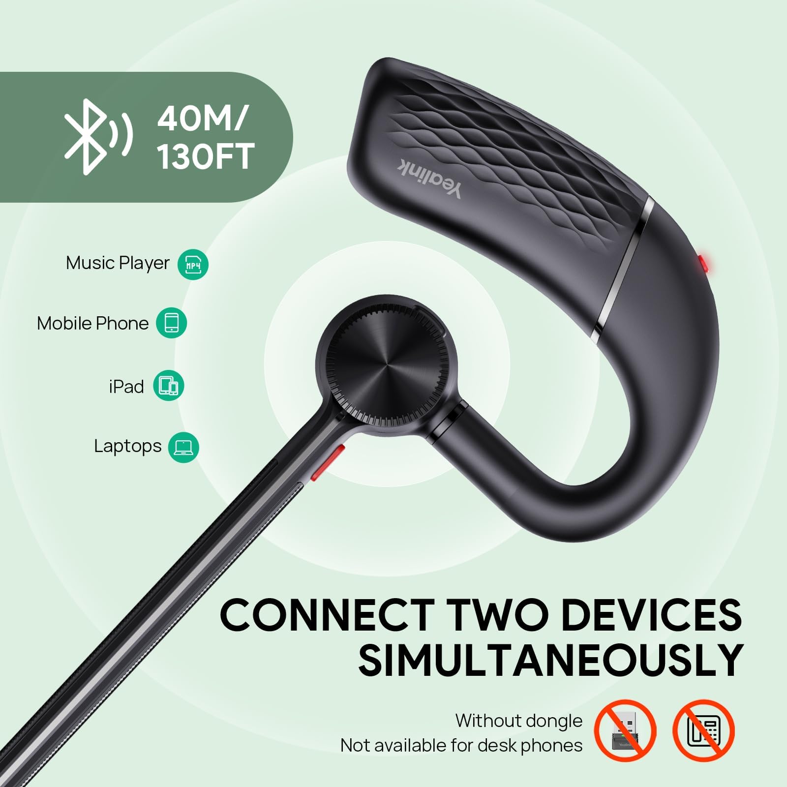 Yealink BH71 Auricolare Bluetooth senza fili, vivavoce, microfono con cancellazione del rumore, leggero, funziona per telefono cellulare, PC, guida, ufficio