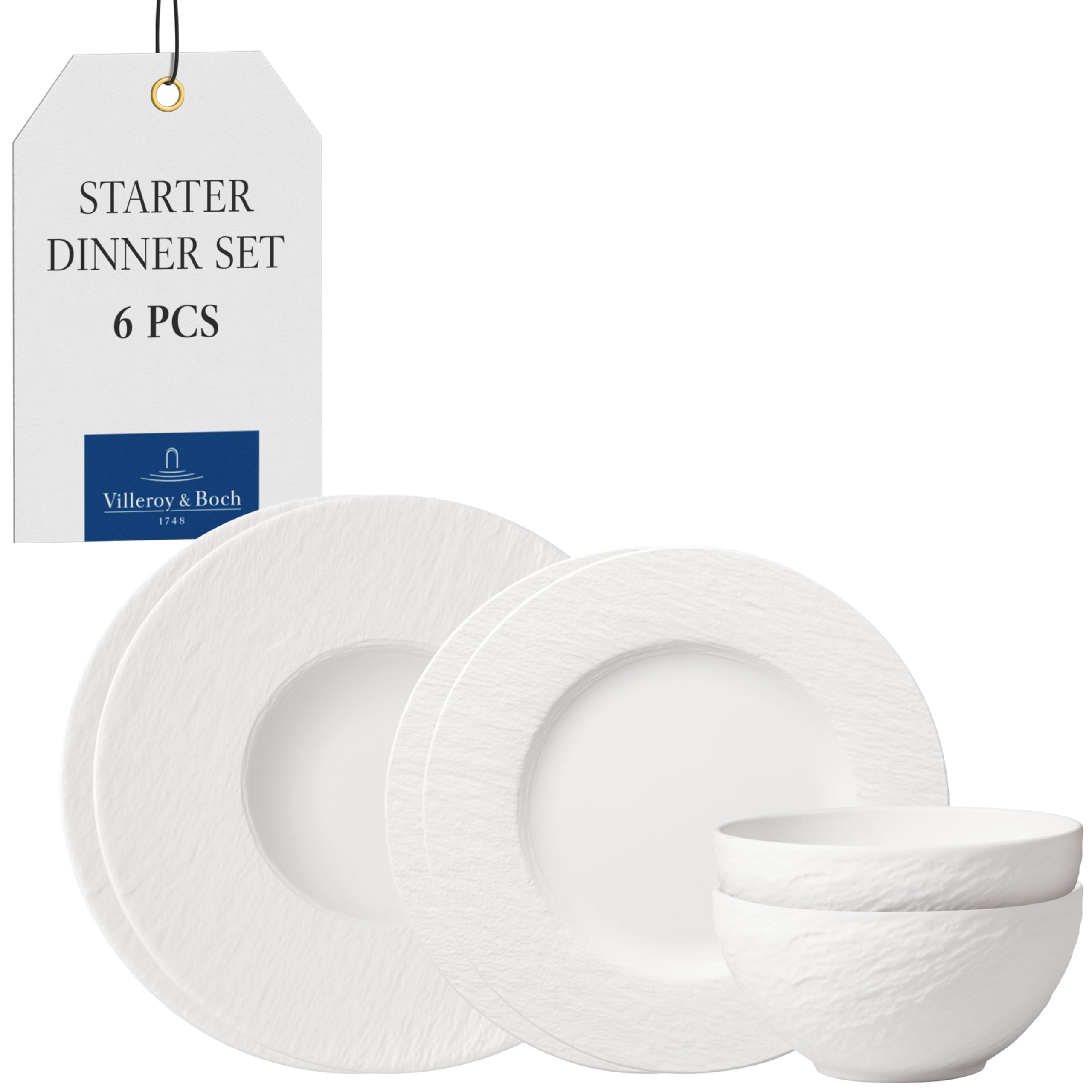 Villeroy & Boch - Manufacture Rock Blanc Starter Set 6 Pieces White for 2 People, Dishwasher Safe, Microwave Safe, Dinner Plates, Pasta Plates, Bowls, White Tableware, Premium Porcelain