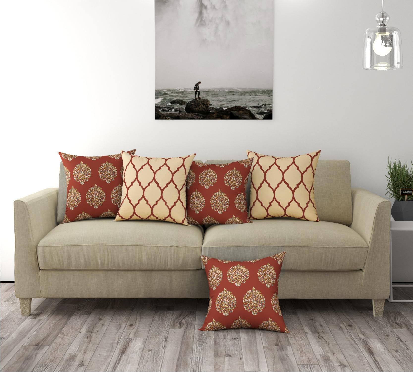 Trance Home Linen 200TC Premium 100% Cotton 16x16 inch Cushion Covers Only for Sofa and Diwan | Throw Pillow/Small Cushion Pillow Covers Only (16x16 inch | 40x40cm, Damask & Dori Clay Red)-Set of 5