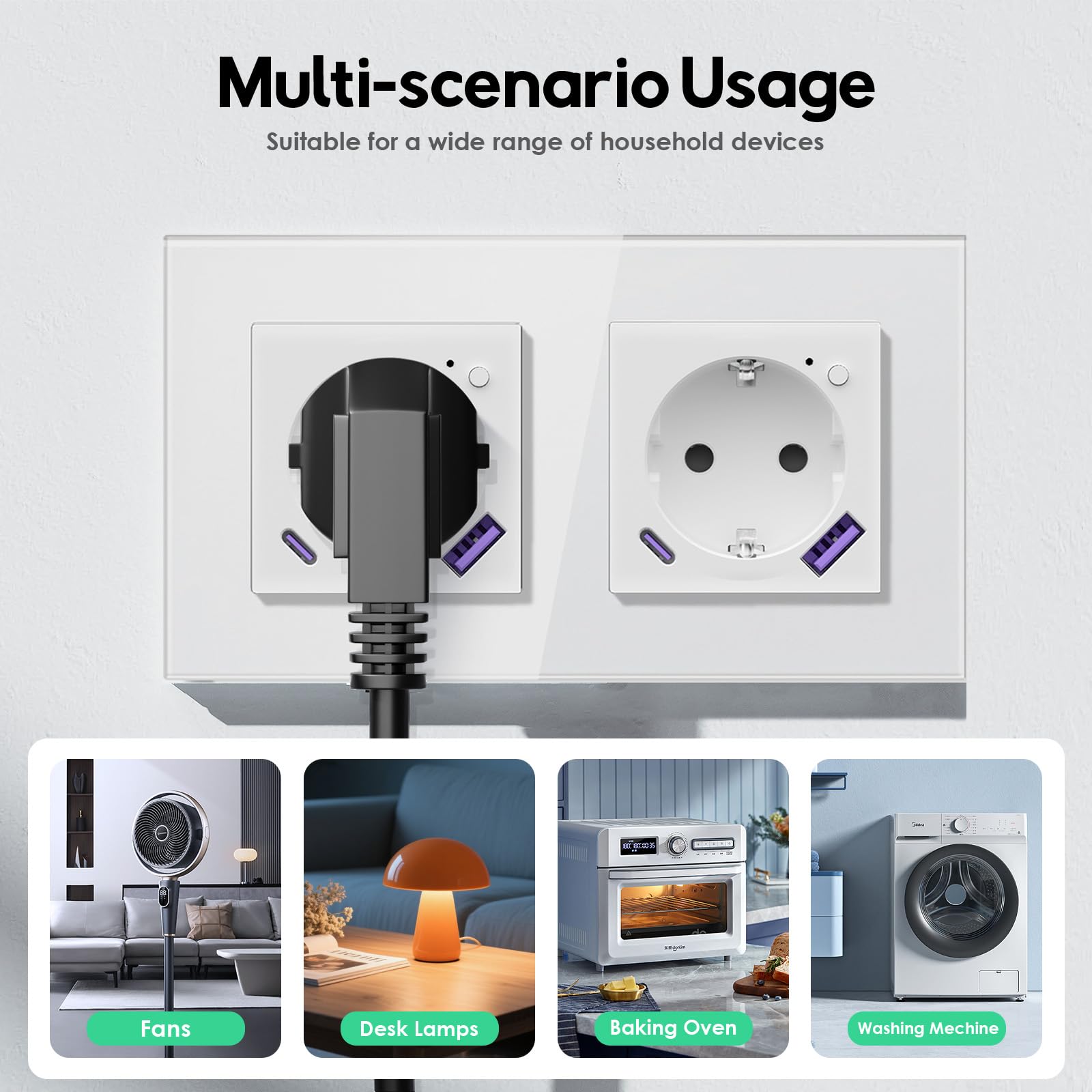 Prise intelligente Wi-Fi en verre, 2 gangs, 157 x 86 mm, prise murale intelligente avec fonction de mesure de l'électricité, charge rapide USB-A/C de 20 W, 2,4 GHz, blanc