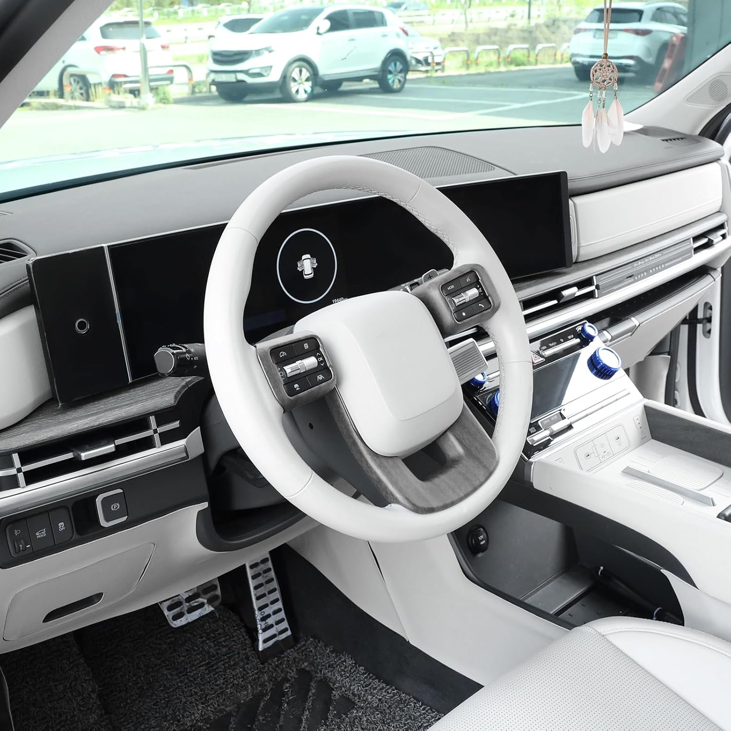 ABS Car Steering Wheel Frame Cover Steering Wheel Button Panel Protection Frame Molding Trim Compatible with Hyundai Santa Fe 2024-2026 Accessories(Wood Grain Style)