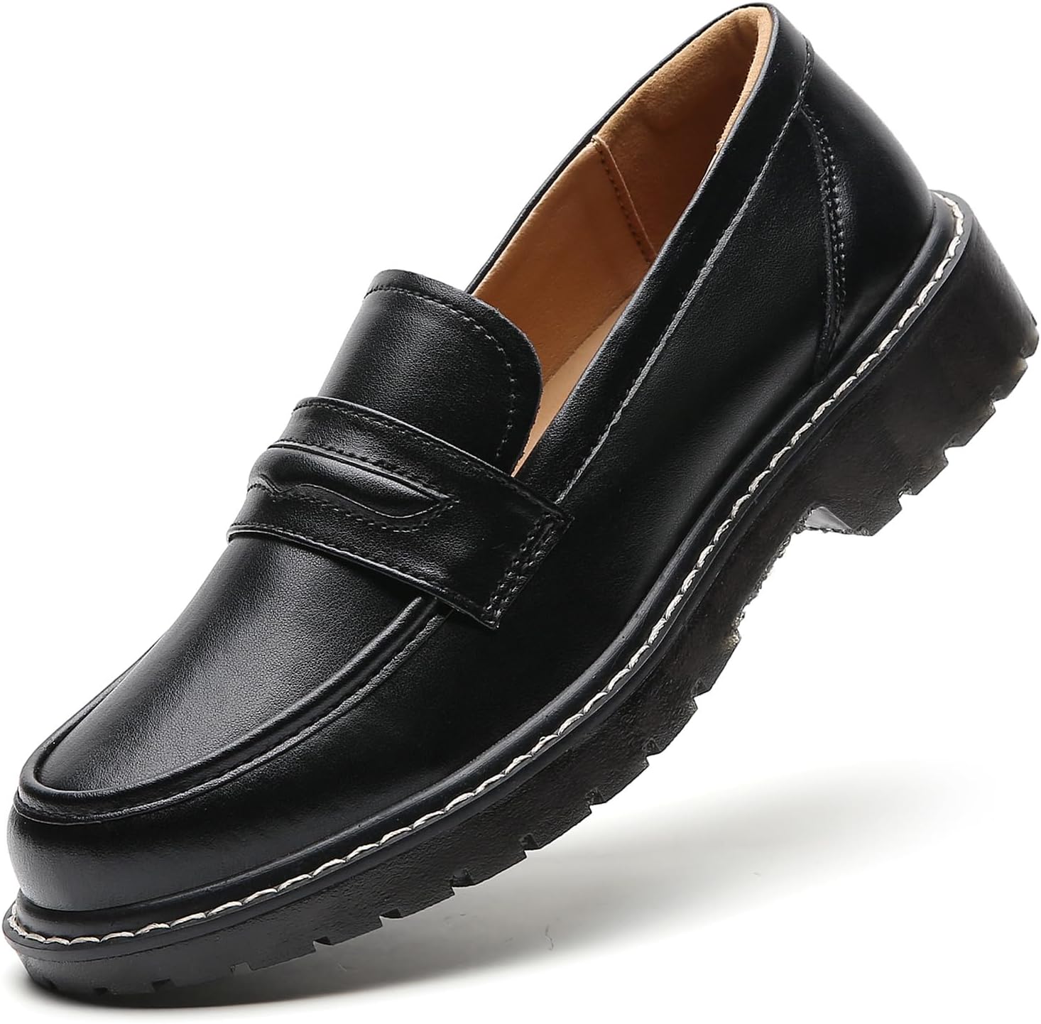 XMM Black Loafers for Women Chunky Loafer Shoes Penny Loafers Flats Lug Sole Lightweight Slip On Ladies Shoes Business Casual Dressy Comfortable Office Shoes