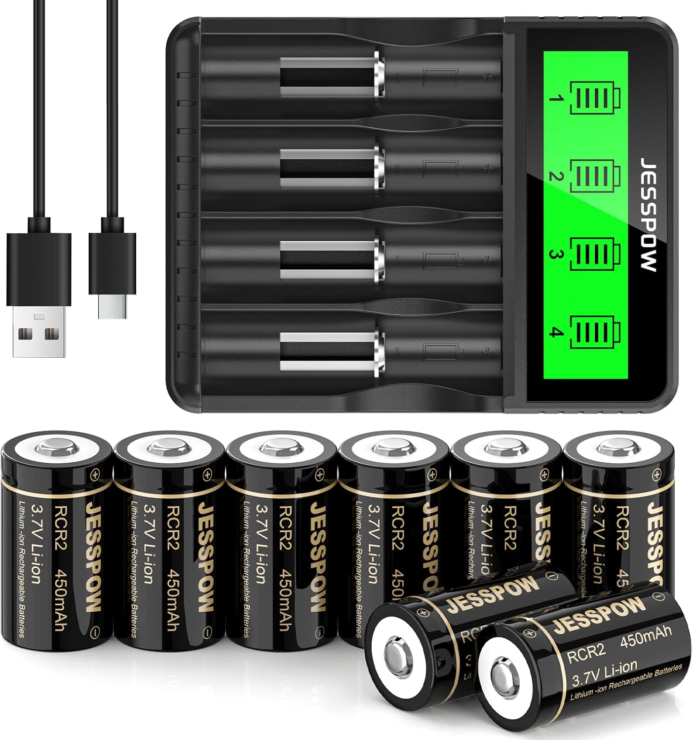 CR2 Rechargeable Batteries and Charger, 450mAh 3.7V CR2 Battery, 8 Pack RCR2 Rechargeable Batteries for Golf rangefinder, Telescope, Electric Toys, Smoke Alarm and More(Not for Arlo Camera,C Battery)