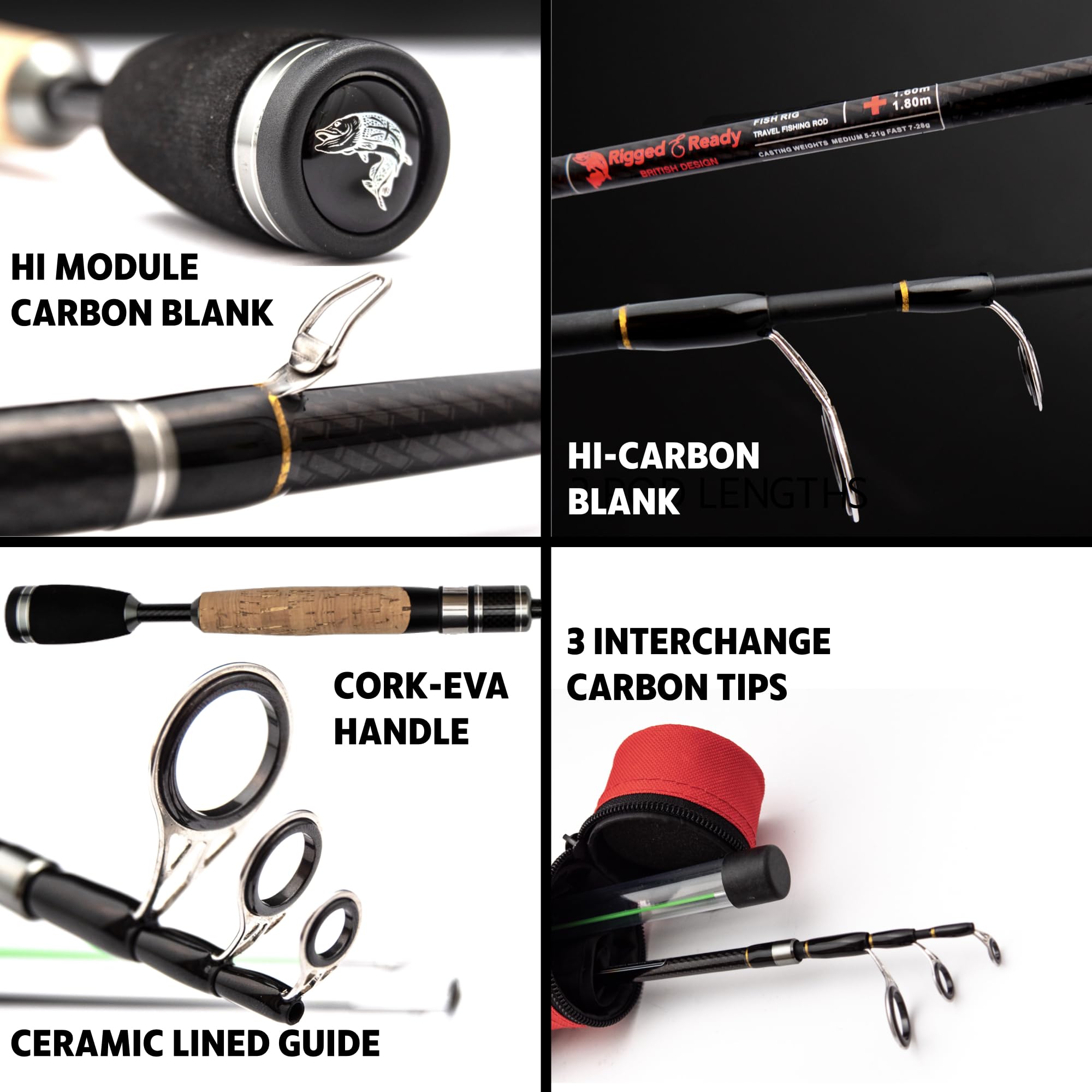 Rigged and Ready Fish Rig Super-Light Compact Travel Rods and Combo. 1 Spinning Multi-section,1 Telescopic Rod,1 Combination,3 Tip Poles & Case. Bass, Trout, Carp, Small Fresh & Saltwater Fishing