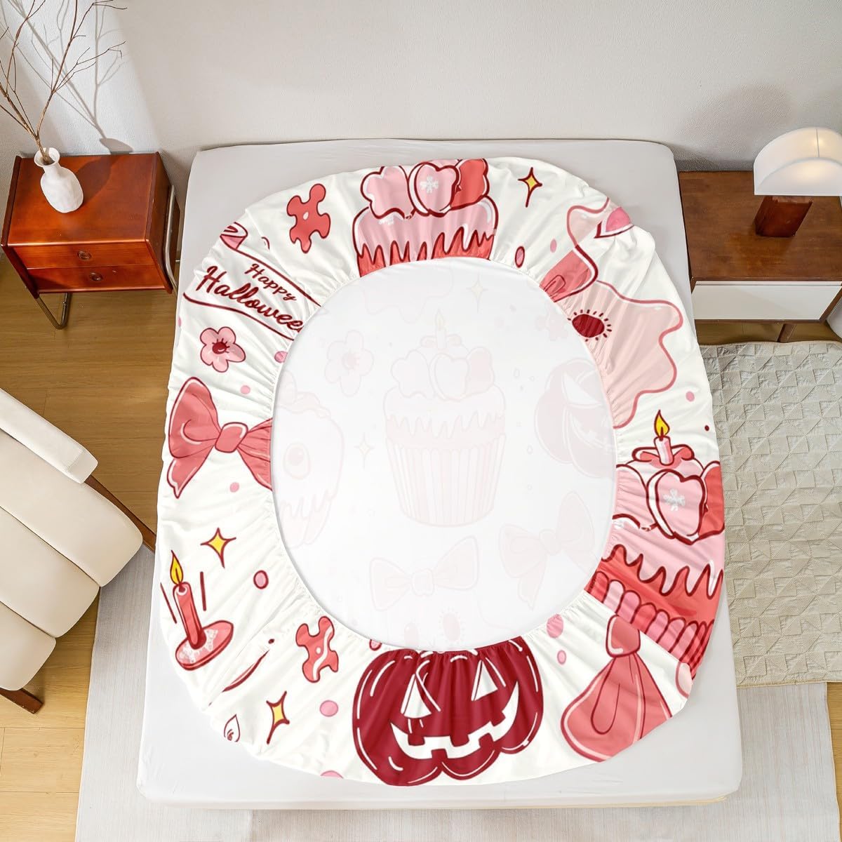 Feelyou Happy Halloween Bed Sheets Set Full Size Cartoon Ghost Pink Deep Pocket Fitted Sheet Cake Bow Cute Bedding Sets Pink Soft Bedding 3Pcs with 2 Pillow Cases, NO TOP Sheet