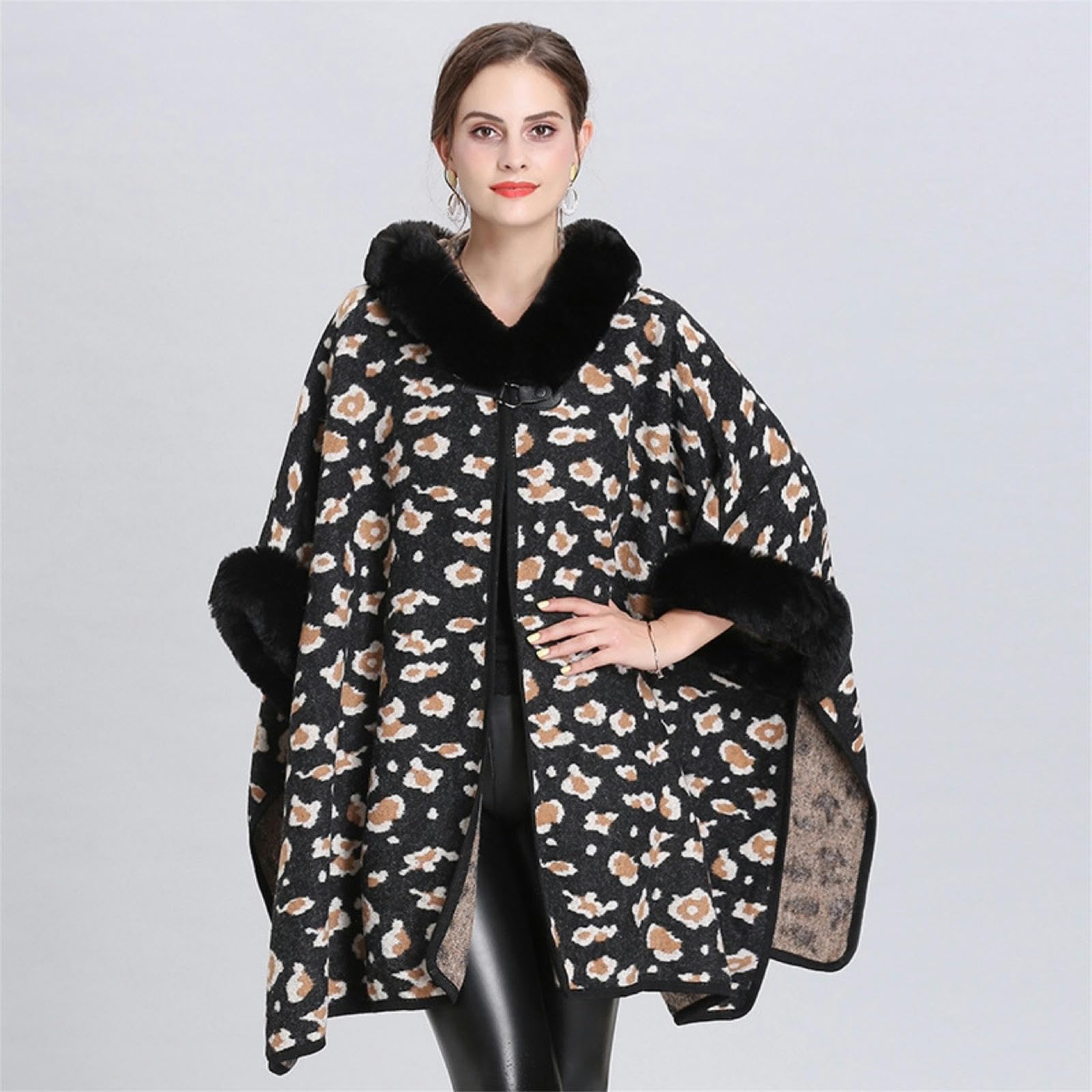 Poncho Donna Scialcano con Cappuccio con Cappuccio per Leopardo Autunno E Inverno Cape di Grande Dimensione Cardigan Woolen Coat per Donne-Cammello