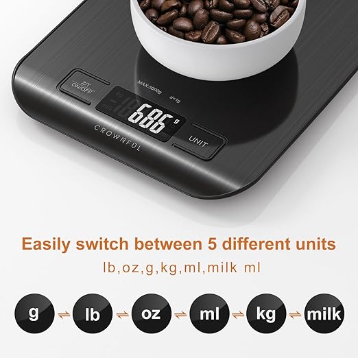 A standout feature of the CROWNFUL Food Scale is its tare function, which allows users to subtract the weight of containers, ensuring accurate measurements of ingredients. This function is particularly useful for tasks that require precision, such as baking or meal preparation. Additionally, the scale's clear digital display offers easy readability, and its user-friendly interface makes it accessible for beginners and experienced cooks alike.