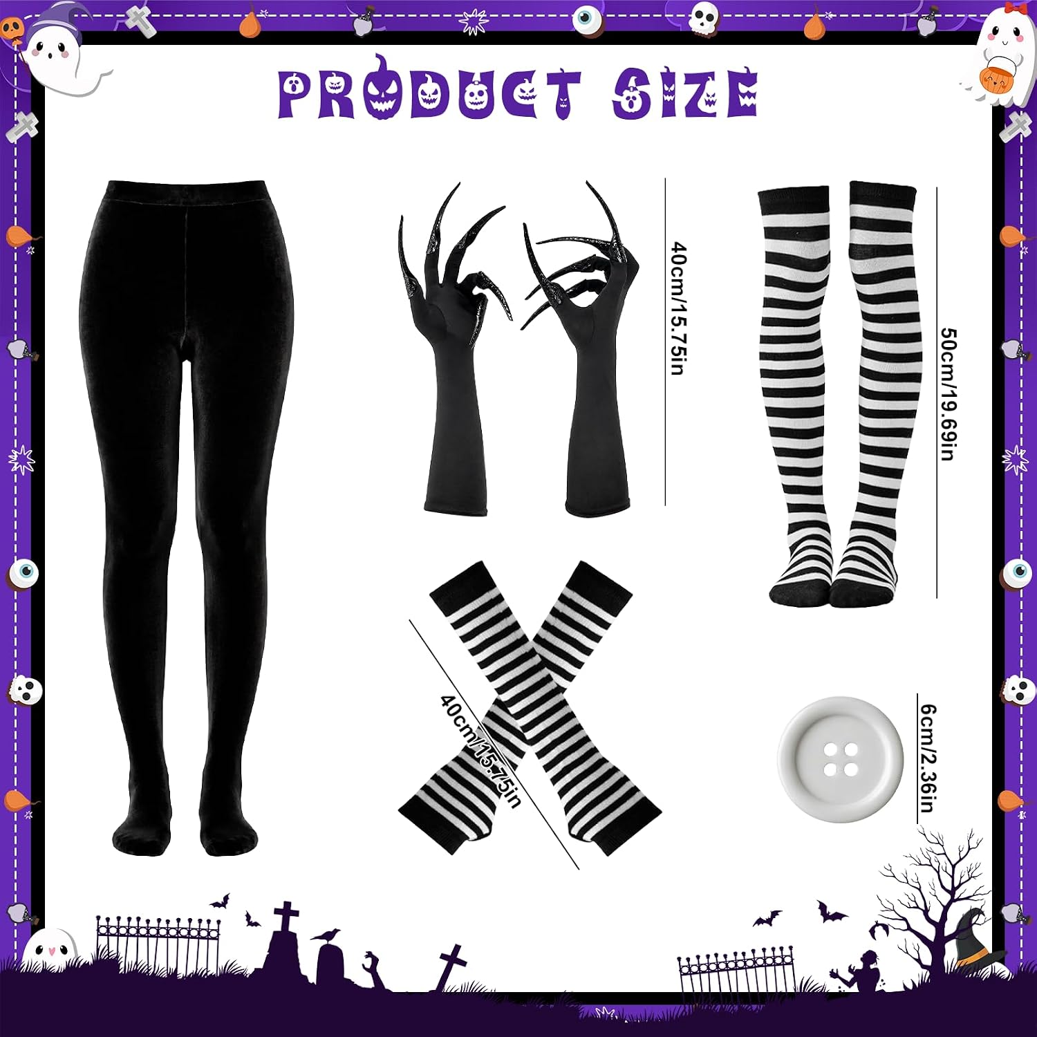 7 Pcs Halloween Game Character Costume Accessories Set Puppet Cosplay Black and White Striped Sock Arm Warmer Black Opaque Tight Gloves Button Card for Women Halloween Marionette Cosplay Dress Up