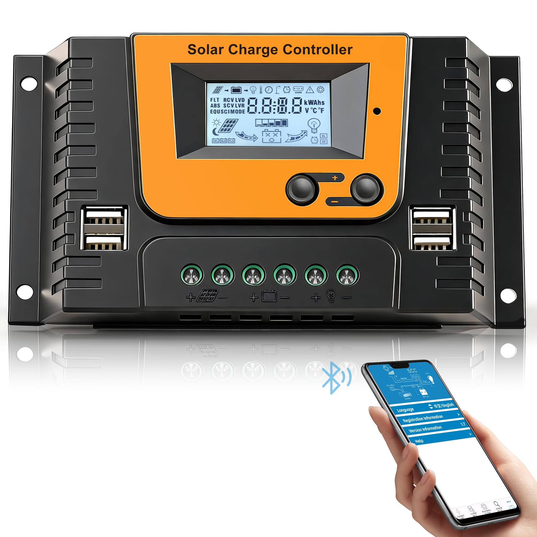 20A Solar Laderegler 12V 24V Mit Bluetooth, PWM 20A Solarladeregler mit Temperatursensor LCD Anzeige und 4 USB Ports,Geeignet 12V 24V LI SLD FLD GEL AGM Batterie
