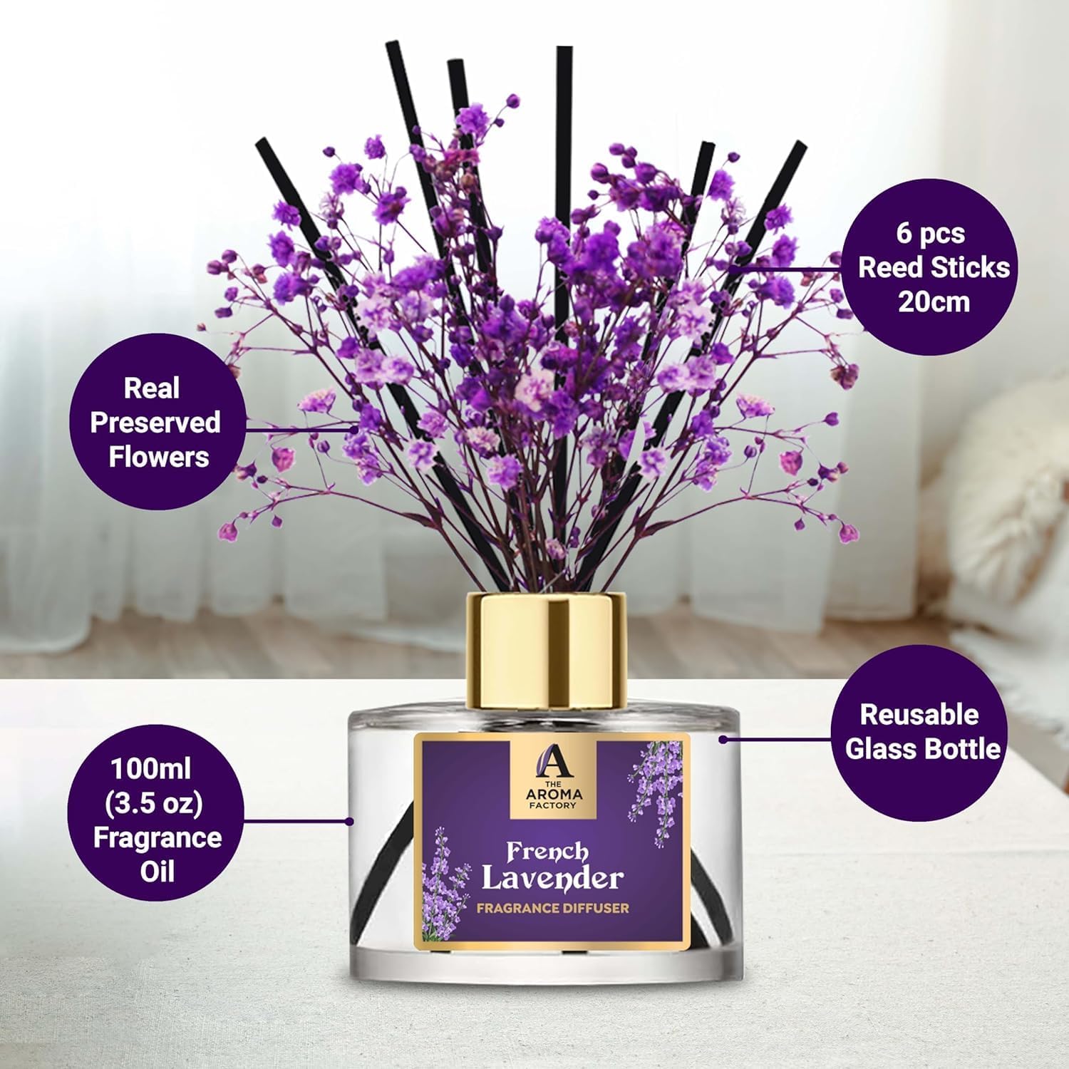 The Aroma Factory Fragrance Reed Diffuser Set with Essential Oil, Aroma Sticks & Preserved Flowers | Luxury Home Decor Scent (French Lavender, 100ml Pack of 1)