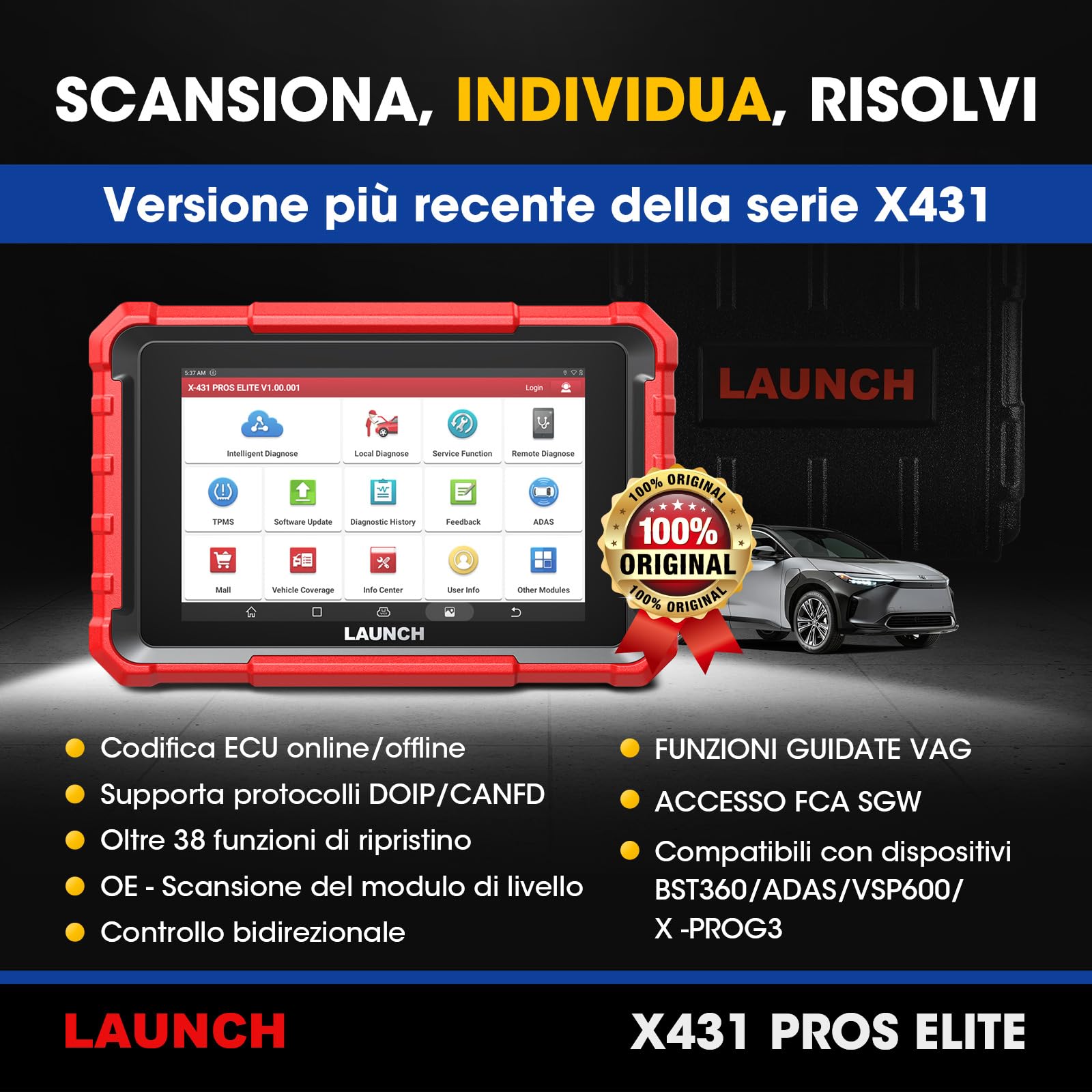 LAUNCH X431 PROS ELITE Scanner Diagnostico OBD2, 45+ Servizi Strumento di Scansione Bidirezionale del Sistema Completo, Codifica ECU, Funzione Guida, 2 Anni di Aggiornamento Gratuito