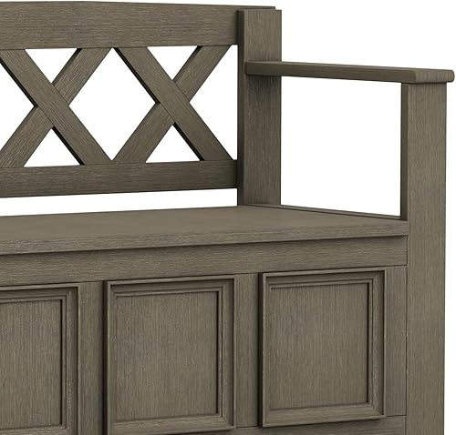 Vista 168 de SIMPLIHOME Amherst Banco de almacenamiento de entrada, asiento de pasillo de madera maciza de 48 pulgadas de ancho en gris niebla, banco