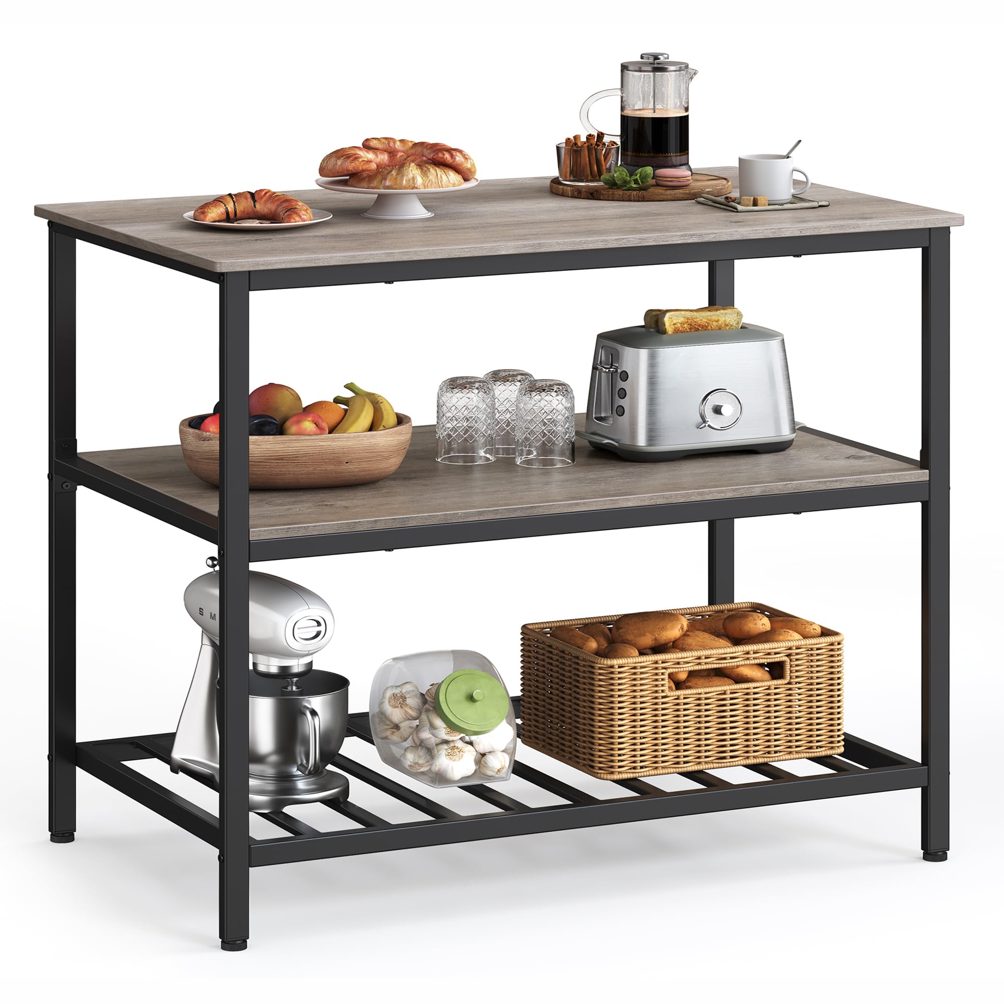 VASAGLE Kitchen Island with 3 Shelves, 39.4 Inches Kitchen Shelf with Large Worktop, Stable Steel Structure, Industrial, Easy to Assemble, Greige and Black UKKI005B02
