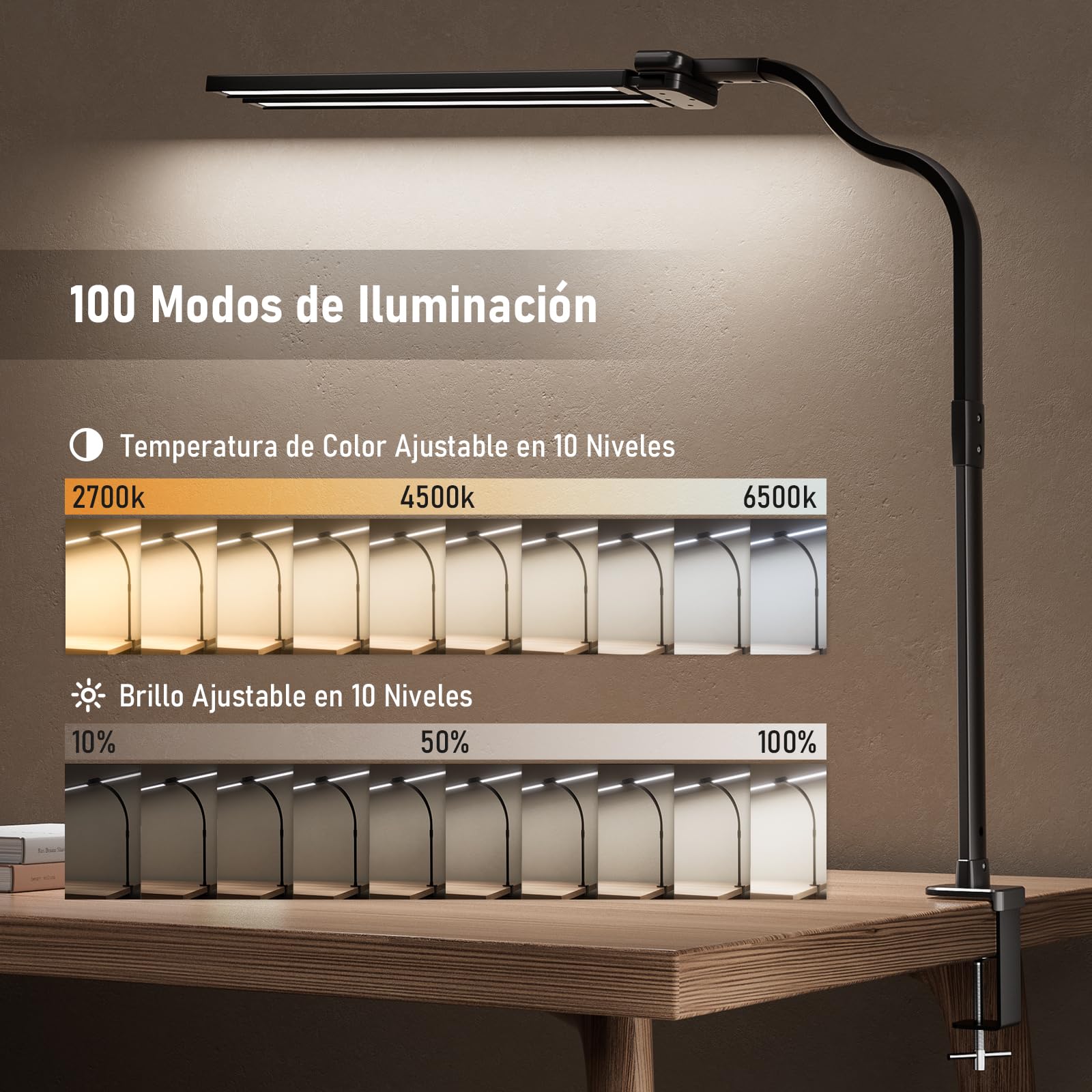 Jeebel Lámpara de Escritorio Pinza LED 24W 80cm Doble Cabezal 1800LM 10 Temperatura Color 10 Niveles Brillo