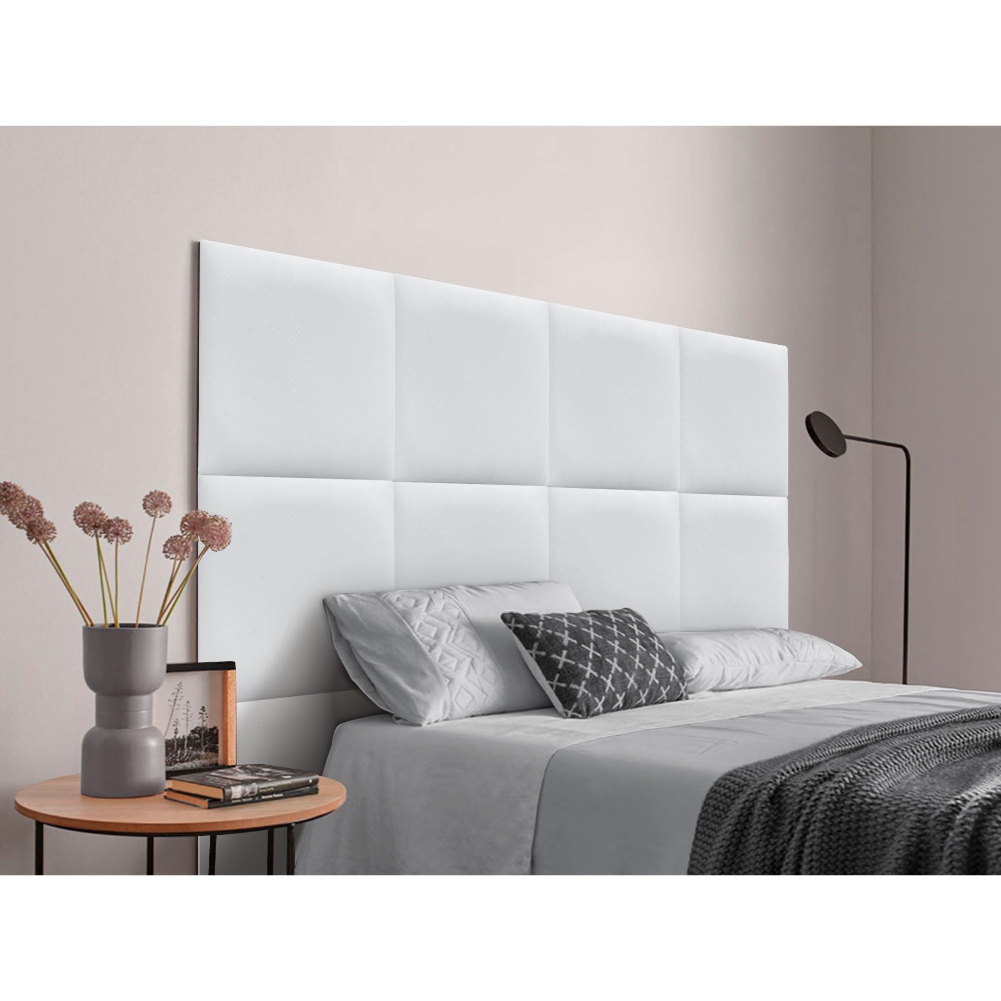 DHOME Cabecero Tapizado Compuesto de Paneles Autoadhesivos Intercambiables de Polipiel Cama Lujo Dormitorio Acolchado (Blanco, 90cm)