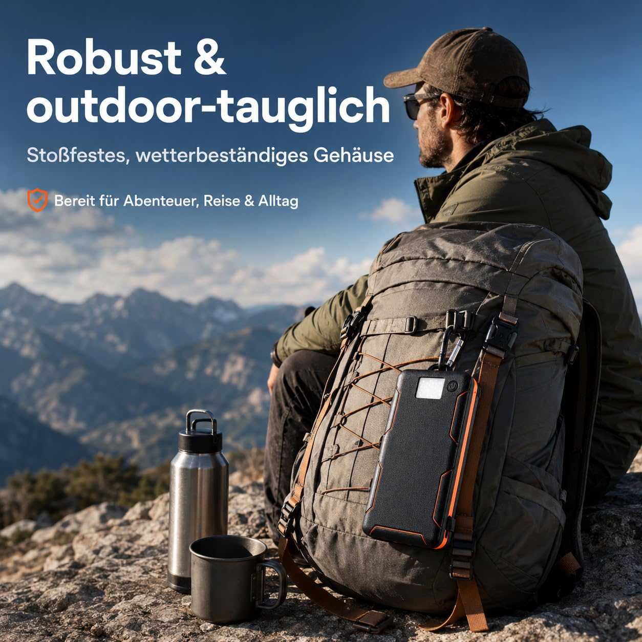 Solar Powerbank 36.800mAh, 4 Solarpanels, 15W Schnellladen, USB-C & QC 3.0, LED-Taschenlampe, Outdoor Ladegerät für Smartphone, Tablet, Camping & Reisen.