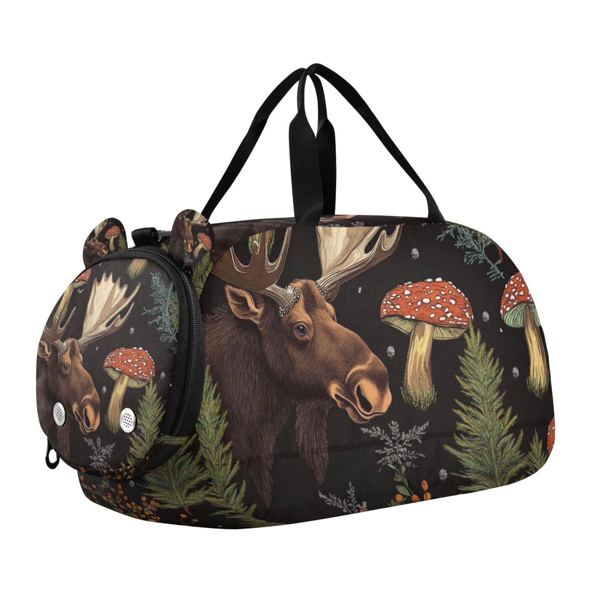 Glaphy Forest Moose Mushroom Trees Duffle Bag for Toddler Boys Girls, Gym Sports Bag with Shoe Compartments, Kids Travel Overnight Weekender Shoulder Bag