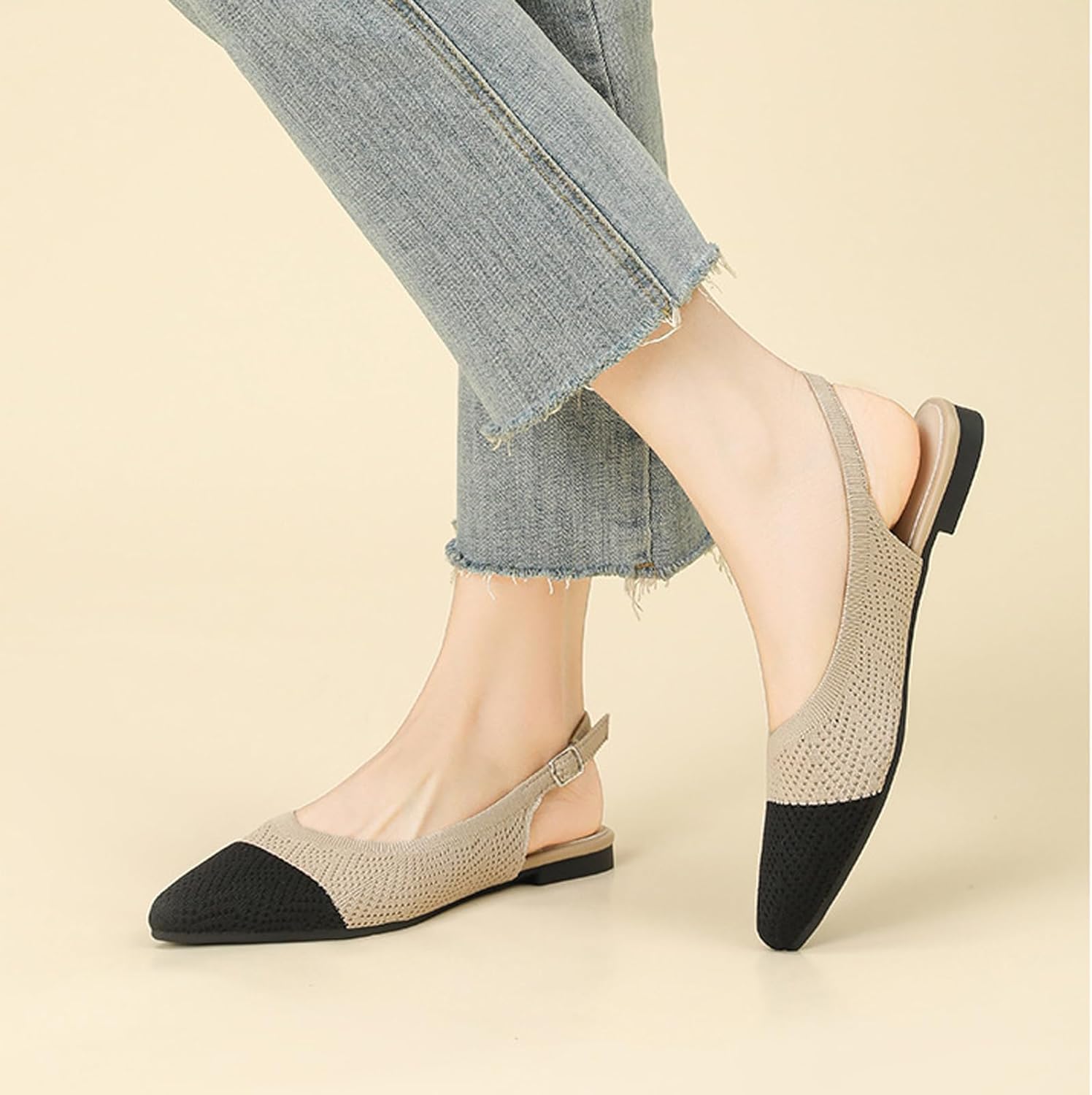 Women'S Knit Slingback Flats Elegant Pointed Toe Adjustable Buckle Toe Flat Ballerina Shoes Comfortable Light Commuting Walking Slip On Dressy Shoes - Image 5