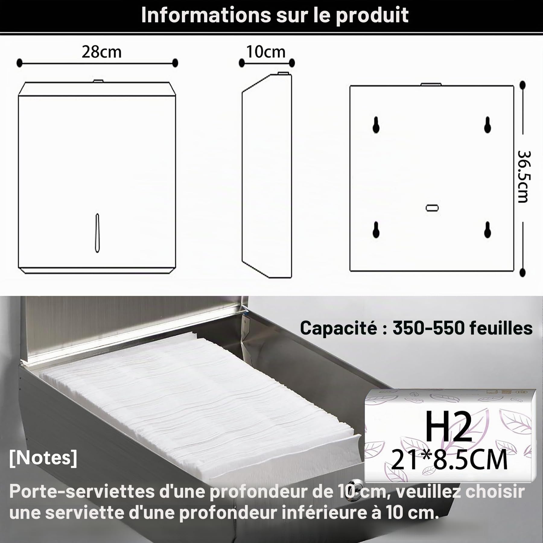 NICEME Distributeur de Serviettes en Papier Verrouillable en Acier Inoxydable pour Serviettes en Papier Pliées en H2 & Z, Capacité de 350 à 550 Feuilles, pour Bureaux, Hôtels et Restaurants, Argenté
