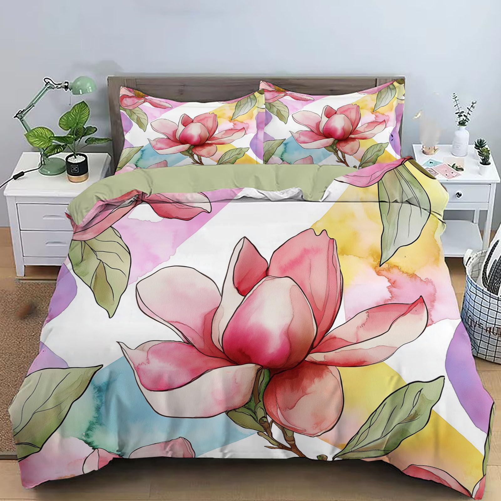 Housse de couette 220x240 cm magnolia aquarelle réversible en microfibre