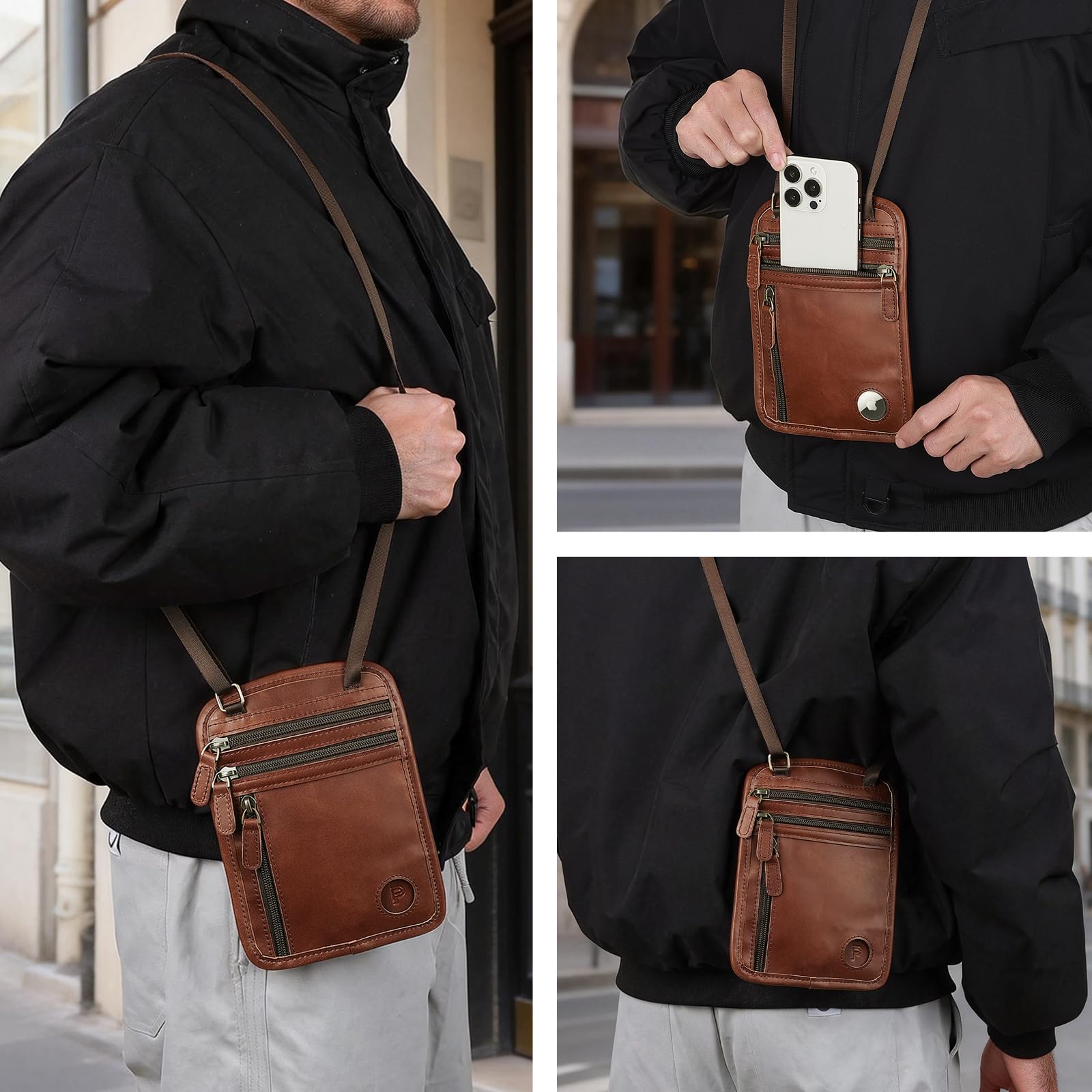 Polare Geldbörse aus Vollnarbenleder, RFID-blockierend, versteckt, Reisepasshülle, Reisetasche mit AirTag-Schlitz für Herren, Kaffee, Vintage