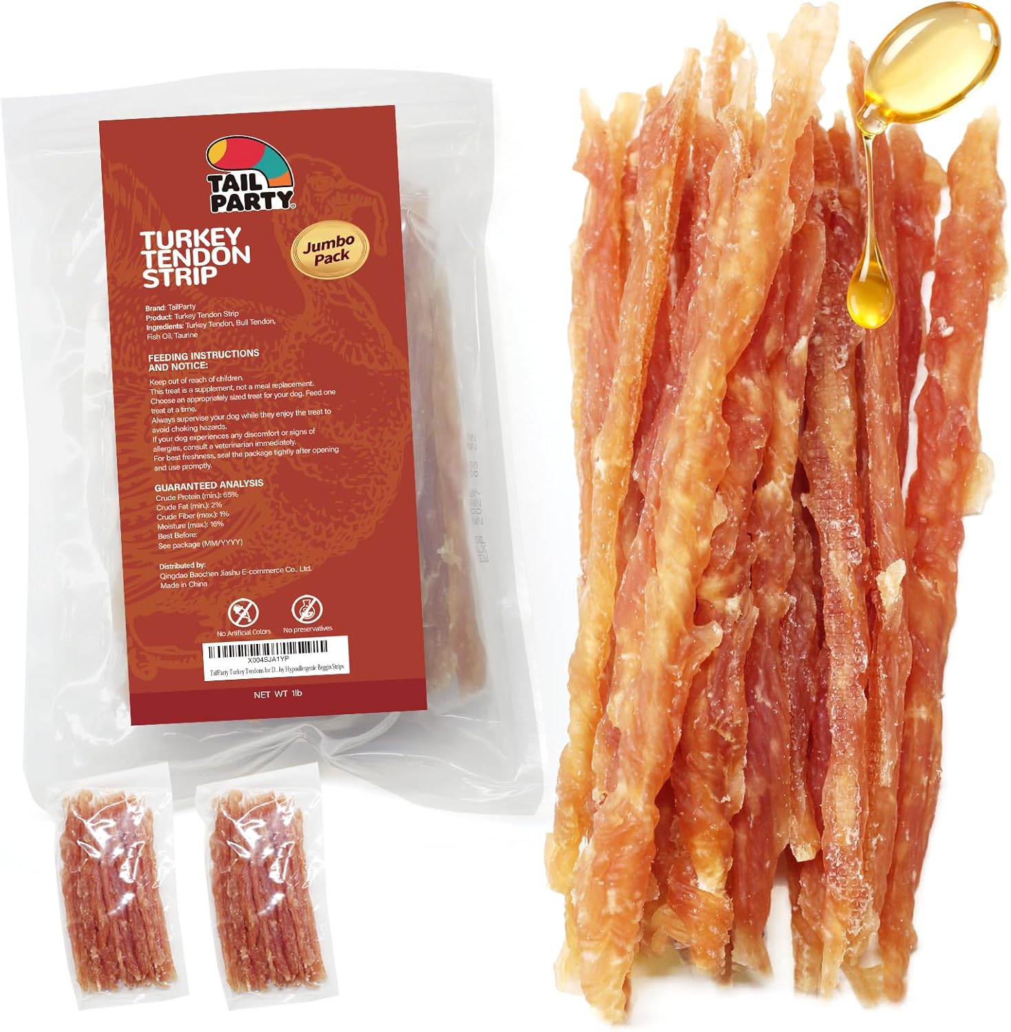 TailParty Turkey Tendons for Dogs with Fish Oil & Taurine: All Natural Dental Chews & Training Treats, Long Lasting Snack for Health-Conscious Pet Owners(Strip, 1 lb)