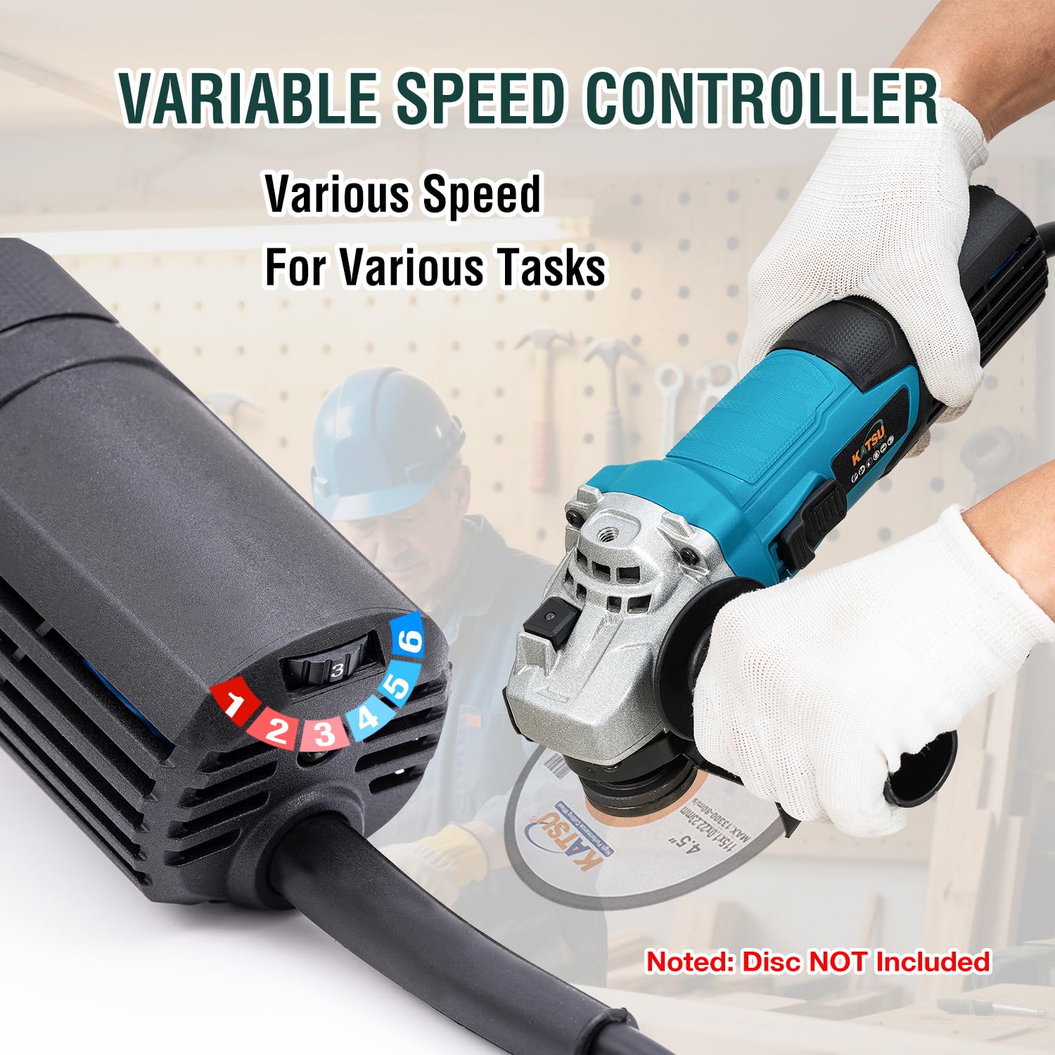 KATSU Tools Meuleuse d'angle filaire 115 mm 750 W, corps fin, vitesse variable, pour maçonnerie, béton, carrelage, métal, acier, meulage, polissage 100186
