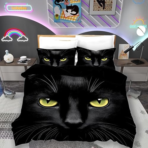 Erosebridal Juego de funda de edredón de animales tamaño Queen con estampado de gatos y gatos negros con ojos amarillos para niñas y niños,