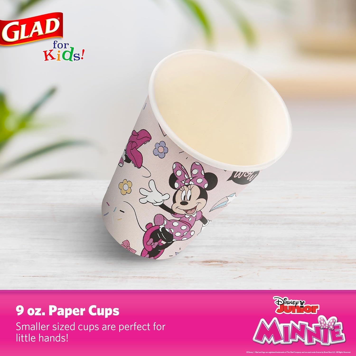 Glad Disney Mickey & Friends Pappbecher für Kinder, 266 ml, mit Minnie Mouse rosa Punktemuster, rosa gepunktet, Mickey & Friends, Pappbecher für den täglichen Gebrauch, Kinderbecher, 24 Stück, 10