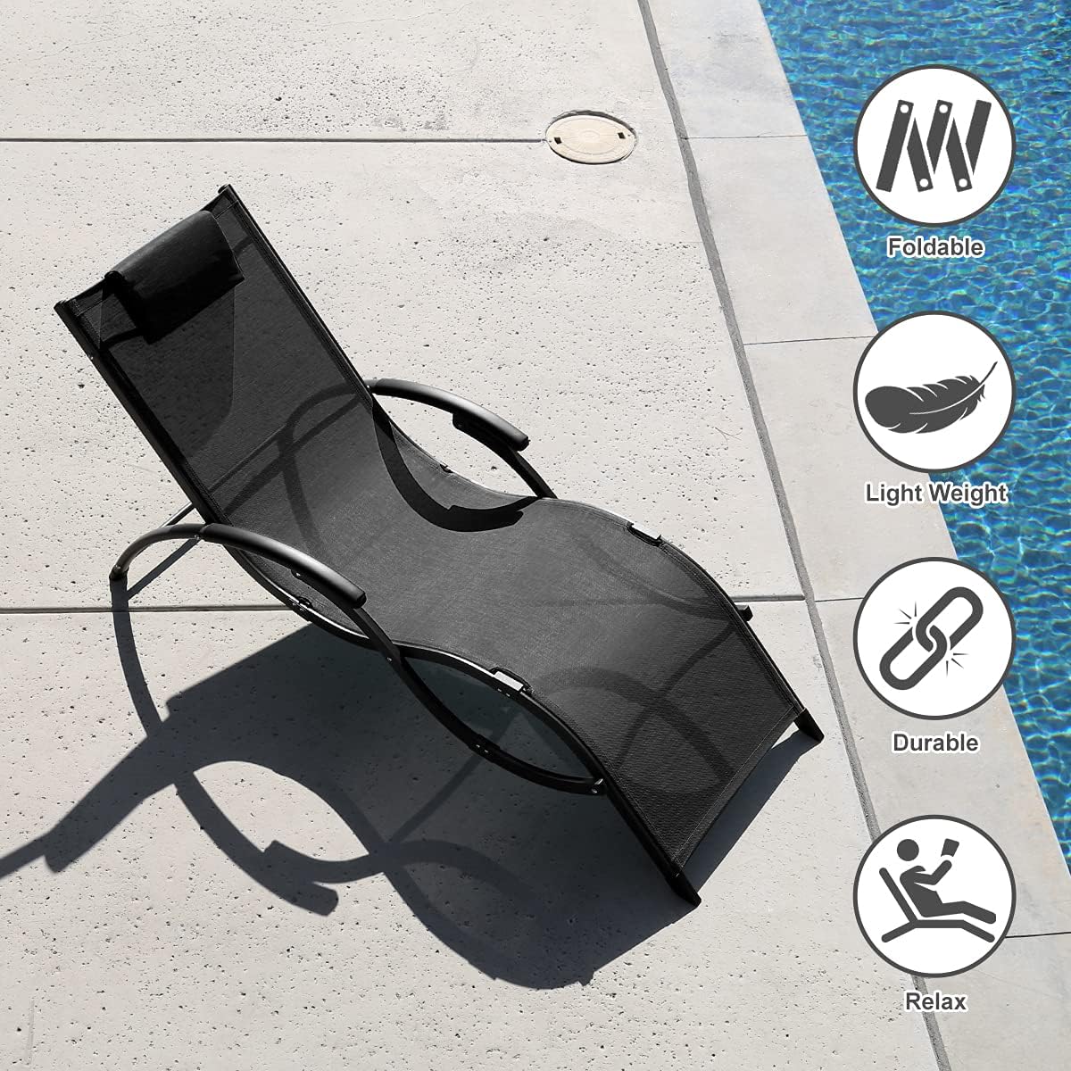 Patio Folding Chair Outdoor Lounger Beach Pool Sunbed Garden Porch Yard Chaise Steel Mesh Fabric with Pillow, Black