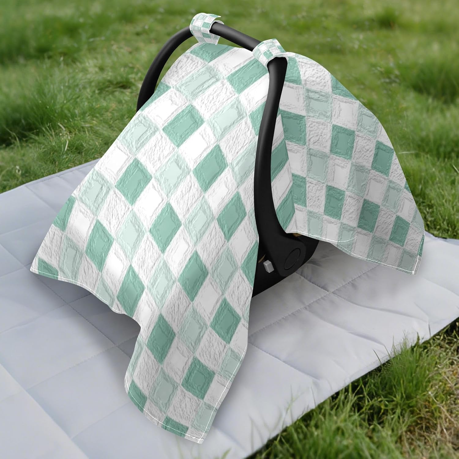 Oil on Canvas Green and White Checkered Pattern Sun Cover for Stroller Black Out Car Seat Cover,Travel Accessories pram parasol