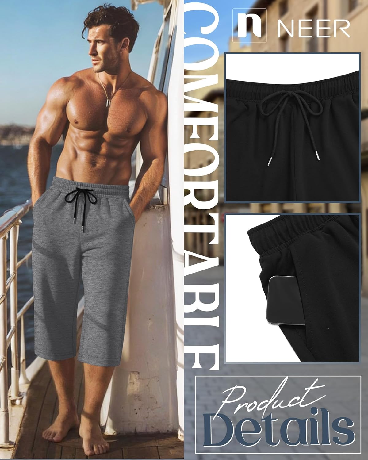 Neer 4 Pack Mens Carpi Shorts Big and Tall Below Knee Casual 3/4 Pants Loose Fit Drawstring Jogger Shorts with Pockets