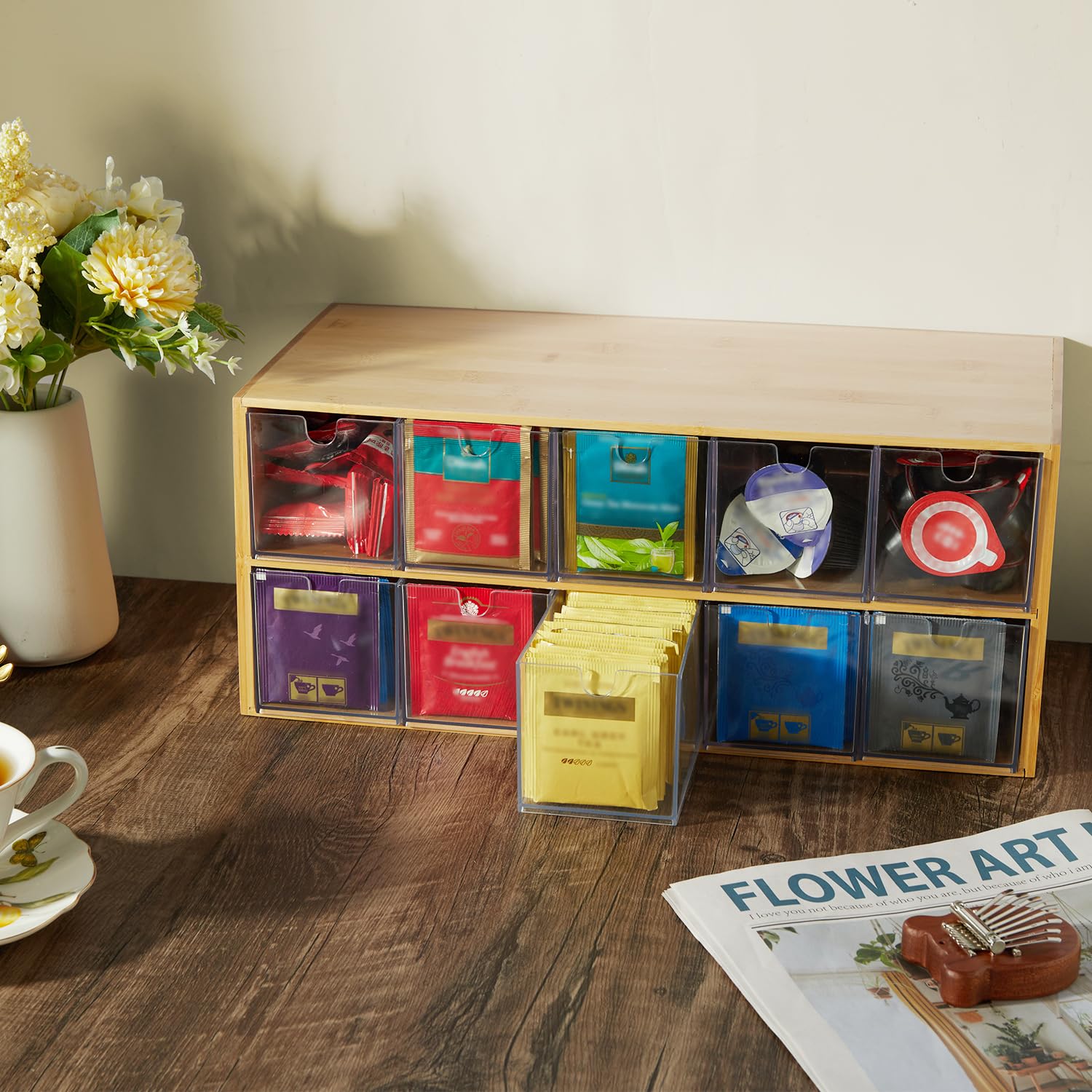 Organisateur de sachets de thé en bambou et bois, rangement de sachets de thé, 2 niveaux, boîte à thé verticale, pour organisateur de placard, porte-thé, organisateur de sachets de thé, plan de