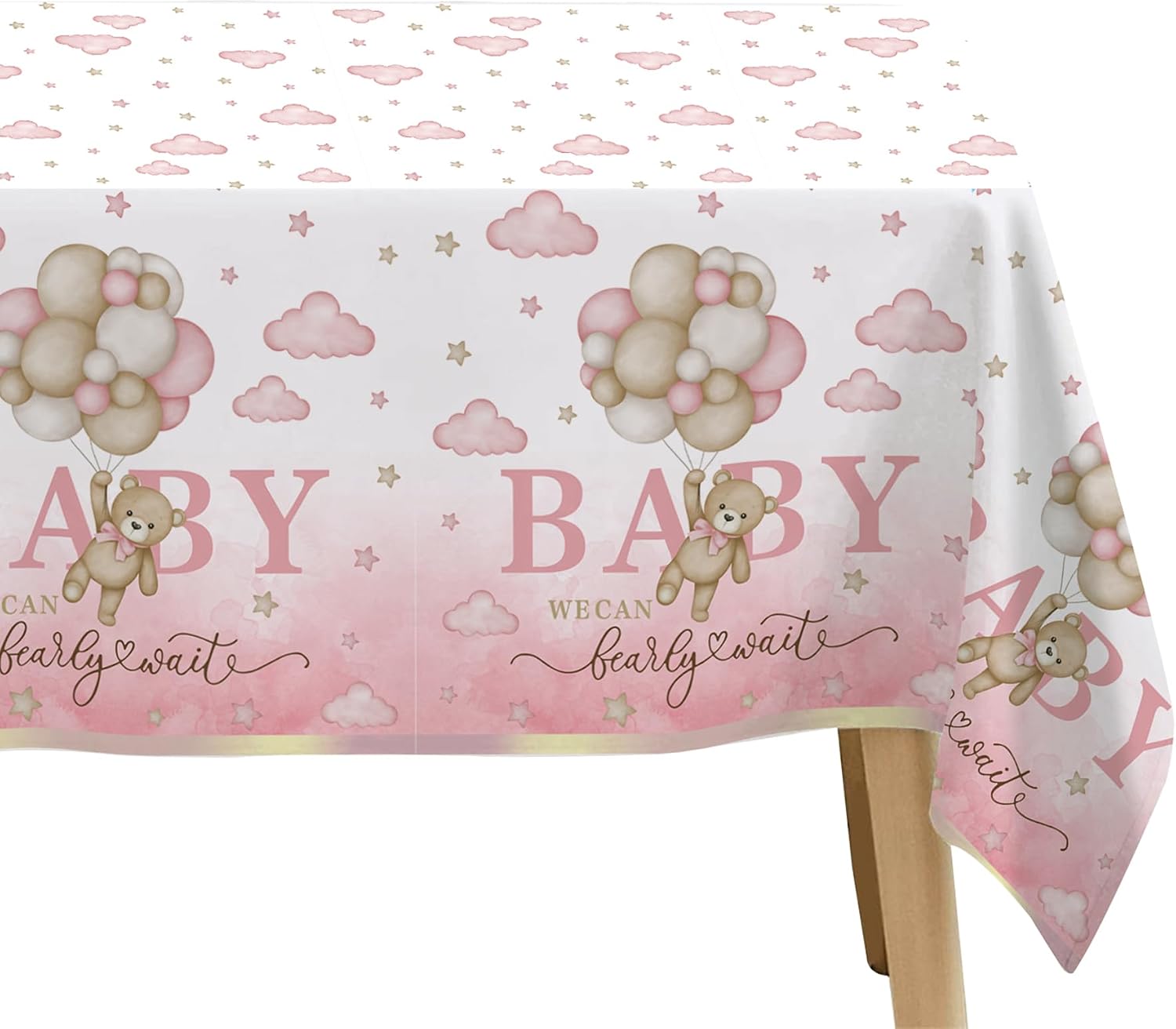 Pink Bear Baby Shower Tablecloth Decorations - Disposable Bear We Can Bearly Wait Baby Shower Decorations Table Cover Party Supplies for Girl- 3 Pack (54in x 108in)