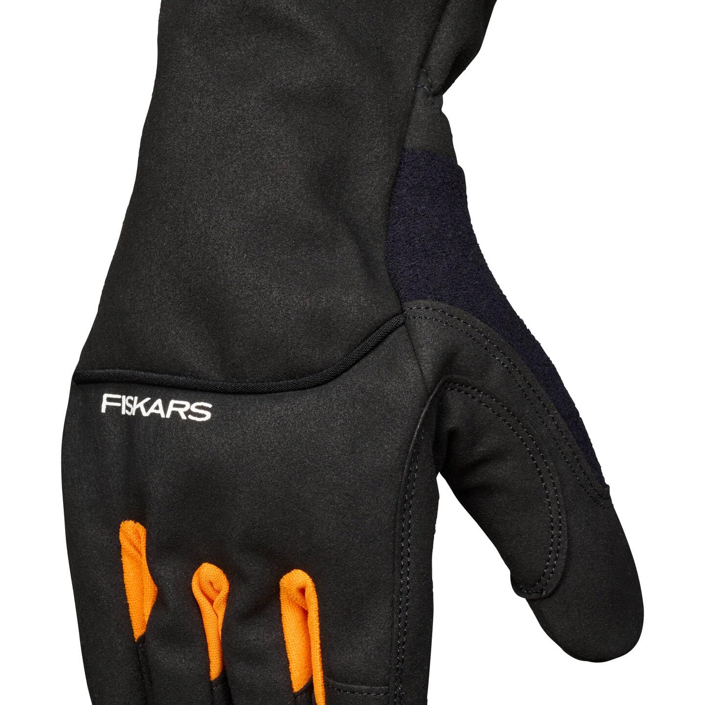 Fiskars Guantes para el Cuidado de Arbustos, Guantes de Trabajo para el Jardín, Pulgares y Puntas de los Dedos Compatibles con Pantallas Táctiles, Imitación de Cuero, Talla 10, Negro/Naranja, 1071153