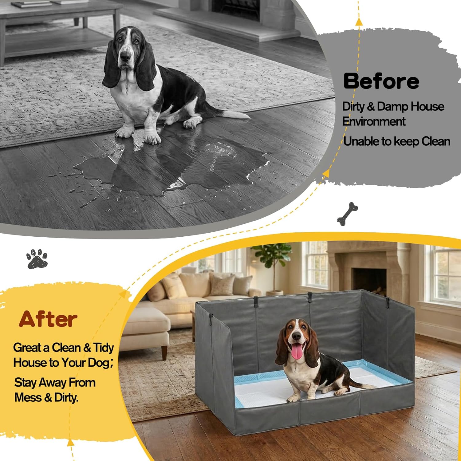 Foldable Dog Litter Box with High Walls, Waterproof Indoor Dog Potty Tray with 4-Inch Baffle, 33.5"×23.6"×15.9" Dogs Pee Pad Holder for Puppies Small and Medium Dogs