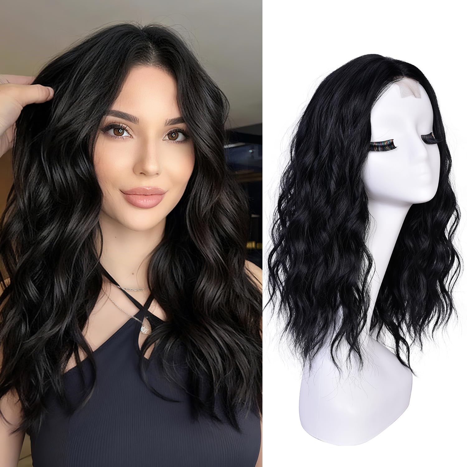 Short Wavy Wigs for Women Black Bob Wave Wig Natural Looking Synthetic Middle Part Lace Front Hair for Everyday Hairstyle 18Inch - Image 3