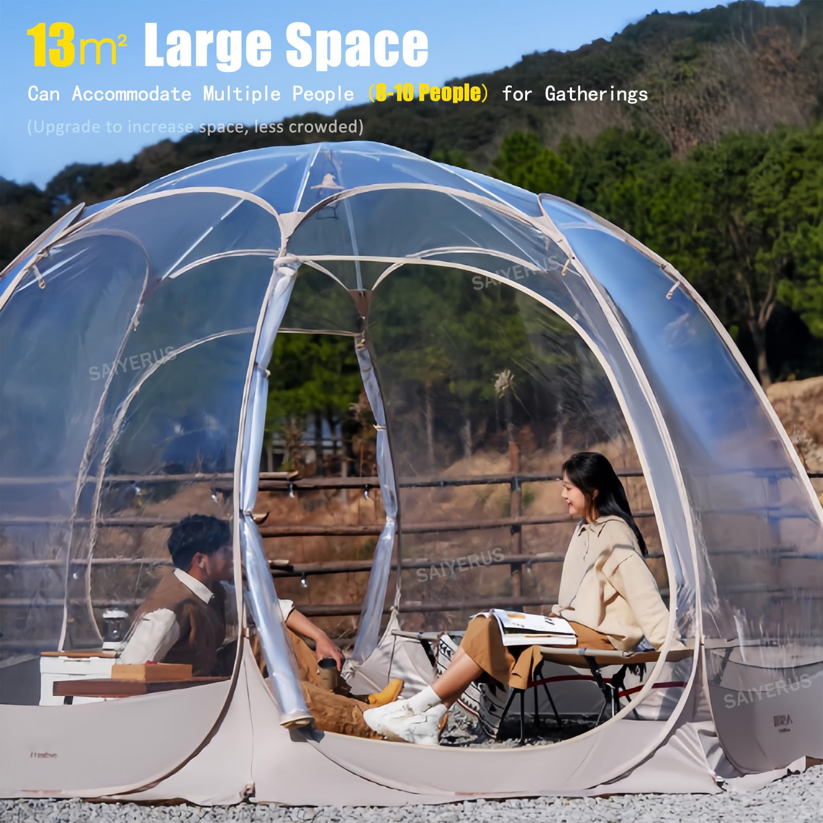 Regen- und Sonnenschutz-Pop-Up für 8–10 Personen, Outdoor-Sport-Bubble-Sofort-Clear-Zelt mit tragbarem Rucksack, winddichtem Seil, Bodennägeln, LED-Lichterketten für Events, Angeln und Jubeln