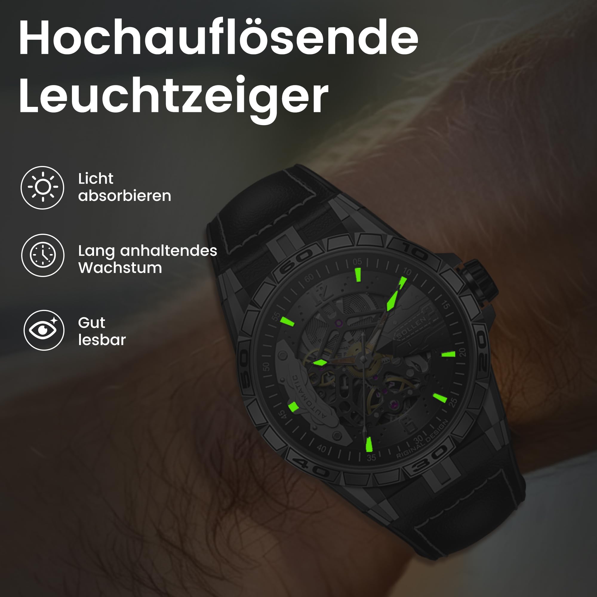 SOLLEN Skelett Uhren Herren Automatik,Mechanische Armbanduhren Herren,Klassische Minimalistische Herrenuhren Luxus,5ATM Wasserdicht Leuchtend Selbstaufzug Automatische Uhr als Geschenk für Männer