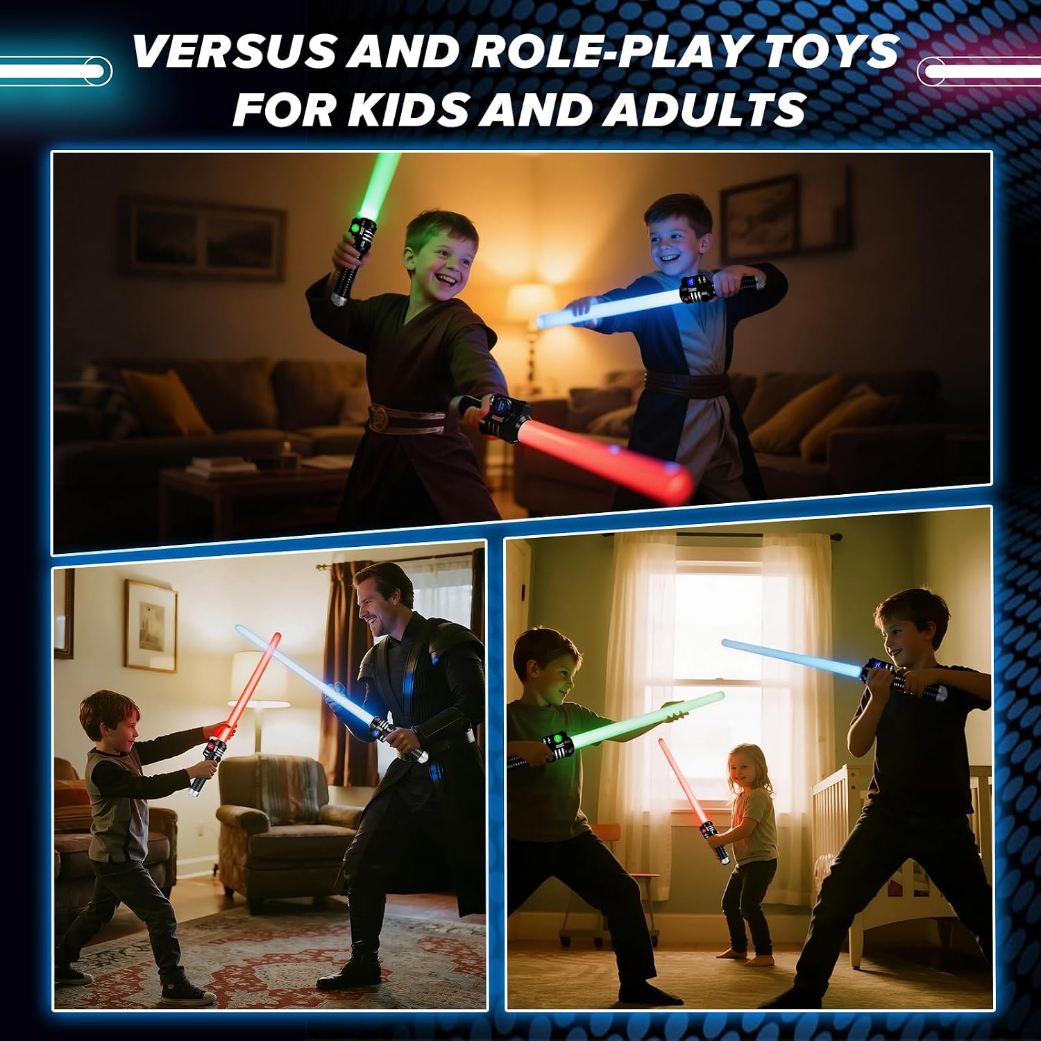 AuntyFey 3 Pack Light Up Saber for Kids, Extendable Light Up Toy Sword for Kids Adult, Blue, Red, Green Light Up Saver for Kids 3-8, Light Up Sword Set Gift for Boy Girl Party Halloween