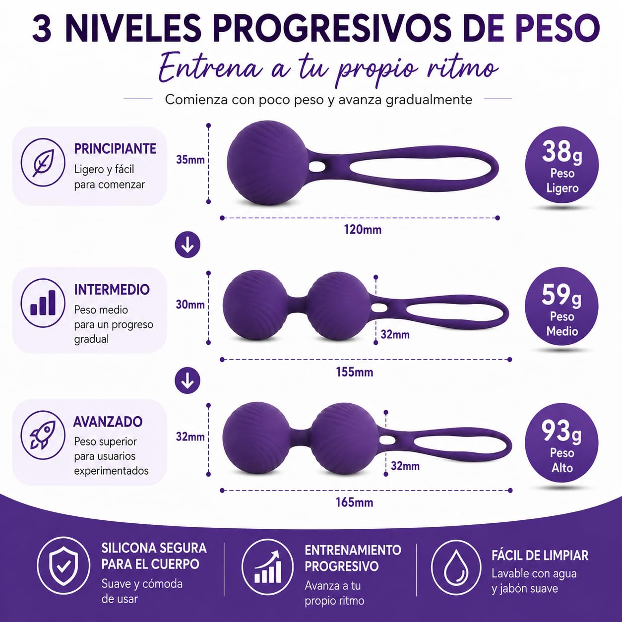 Bolas Chinas - Pesas para Ejercicios Kegel - Control de la Vejiga y Ejercicios del Suelo Pélvico Silicio de próxima generación -Silicona (Morado) (Morado)