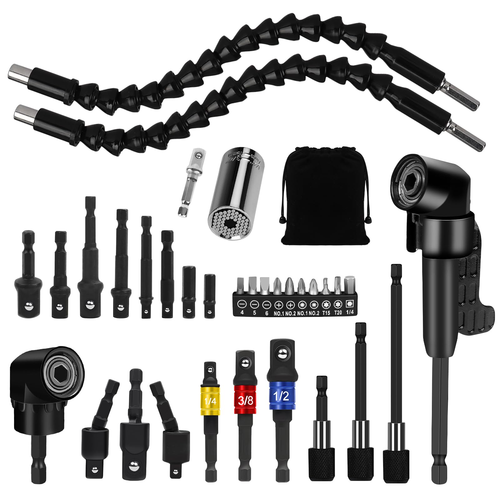 Juego de extensión de broca flexible de 33 piezas, vástago hexagonal, accesorios de taladro de ángulo recto, enchufe de junta giratoria de 1/4 3/8 1/2 pulgadas, llave de vaso universal, soporte de