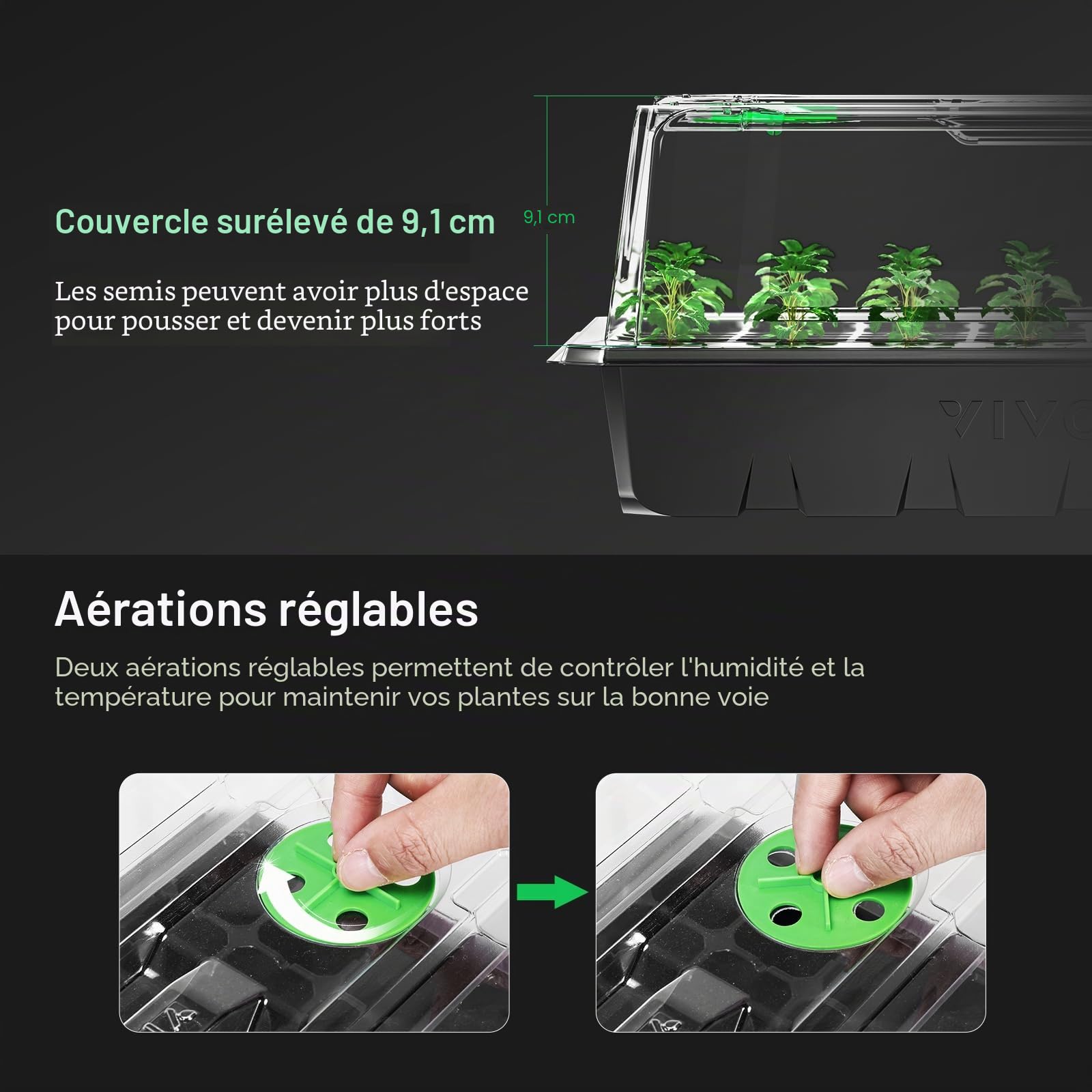 VIVOSUN 1 Plateau de démarrage de graines à 40 cellules avec 1 Jeu de lumières LED et Tapis Chauffant de semis de 25,4 x 52,7 cm, Housse Plus Haute de 9,1 cm, aérations réglables, Trous de Drainage,