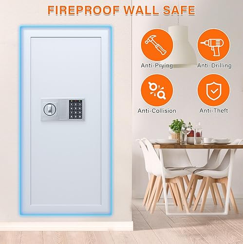 Miniatura 8 de Caja fuerte de pared ignífuga blanca de 29.53 pulgadas de alto entre los postes de 16 pulgadas, cerradura de combinación resistente en la pared con