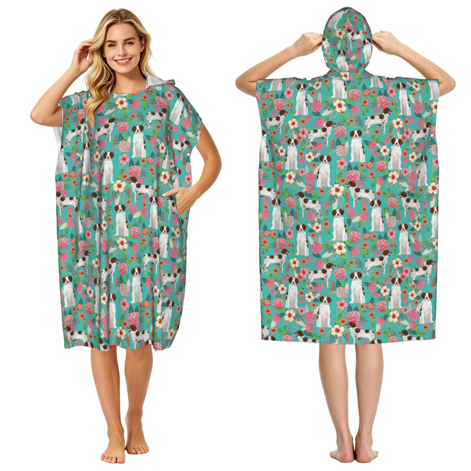 Poadnly Brittany Spaniel Florals Cute Painted Floral Dog Dogs, Adult Hooded Beach Towel 90 x 110 cm,Changing Bath Robe, Surf Poncho Towel For Women Men