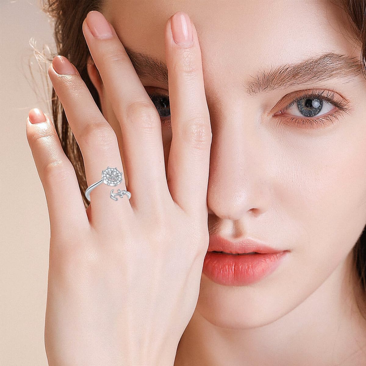 925 Sterling Silver Nautical Anchor Ring for Women Adjustable White Sapphire Open Ring with Blue Gemstone Ring Ocean Sea Minimalist Theme Jewelry - Image 6